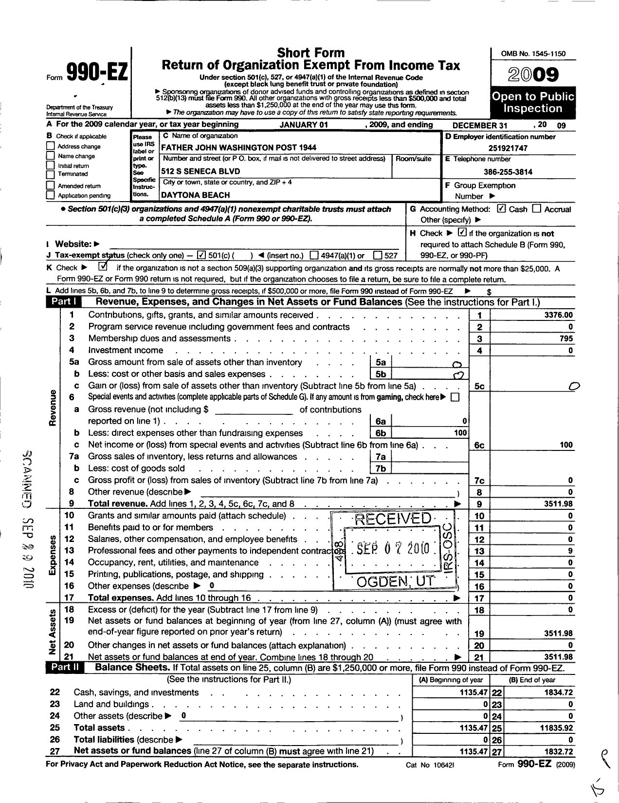 Image of first page of 2009 Form 990EO for Catholic War Veterans of the United States of America - 1944 Father John Washington Post