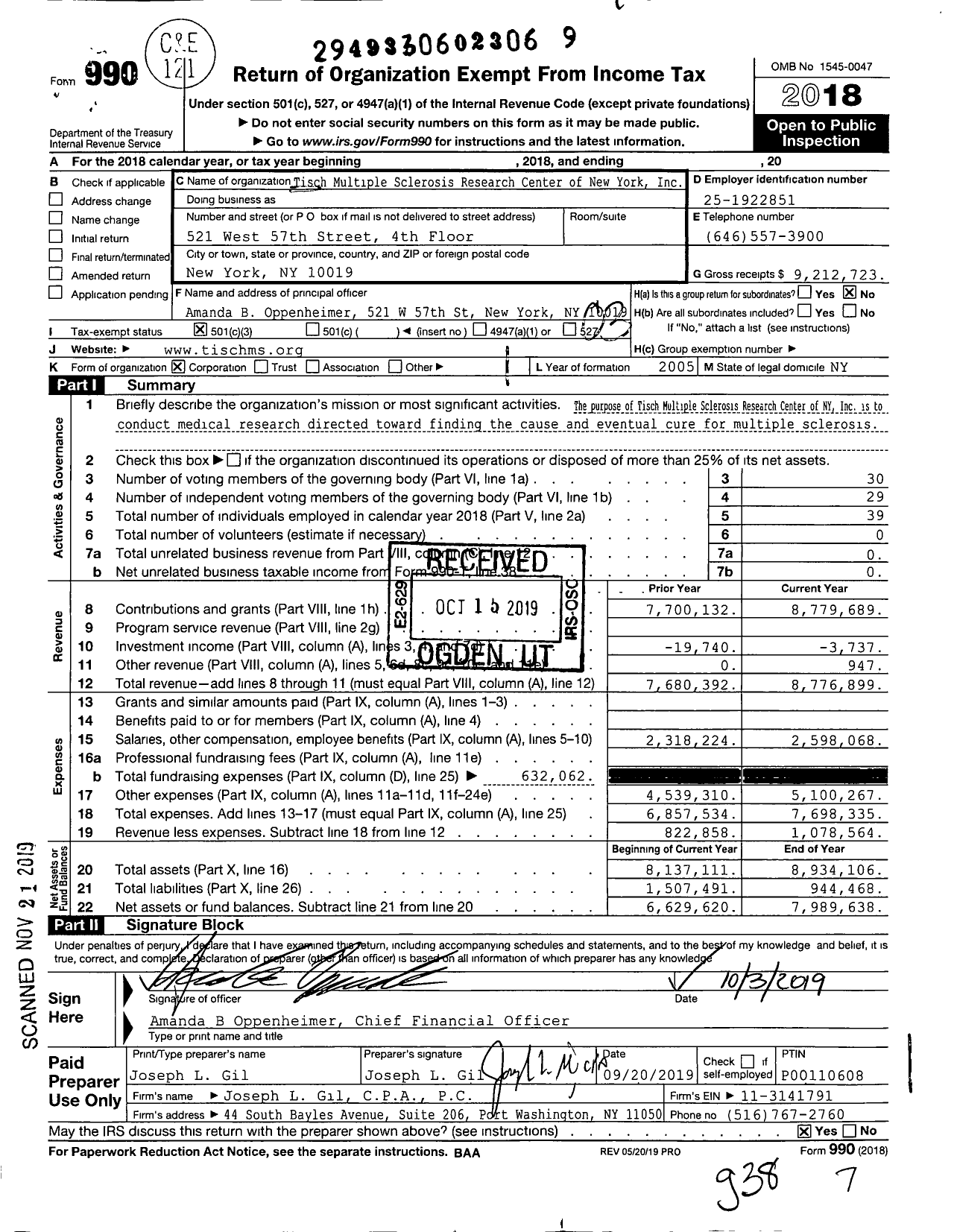Image of first page of 2018 Form 990 for Tisch Multiple Sclerosis Research Center of New York