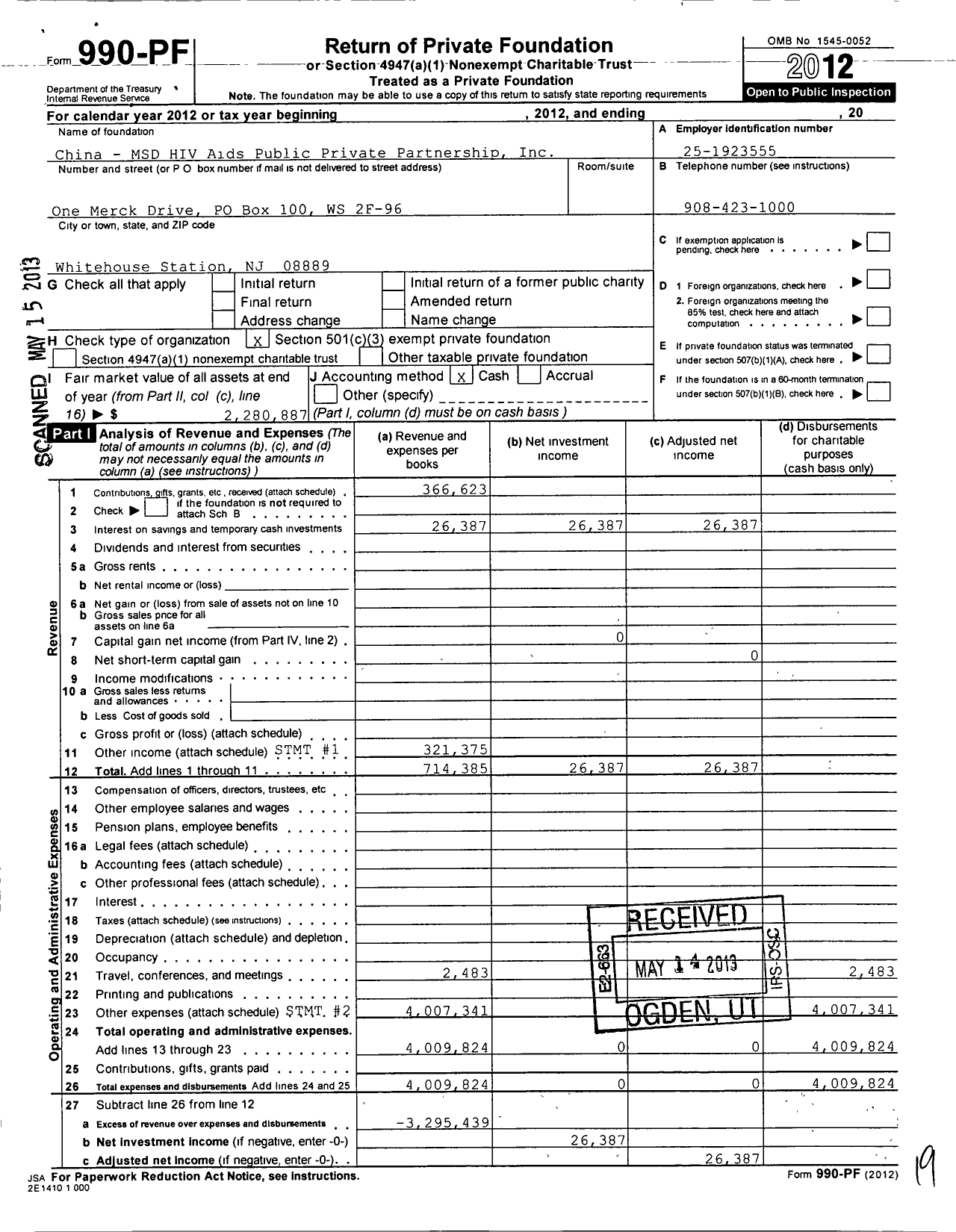 Image of first page of 2012 Form 990PF for China MSD Hiv Aids Public Private Partnership