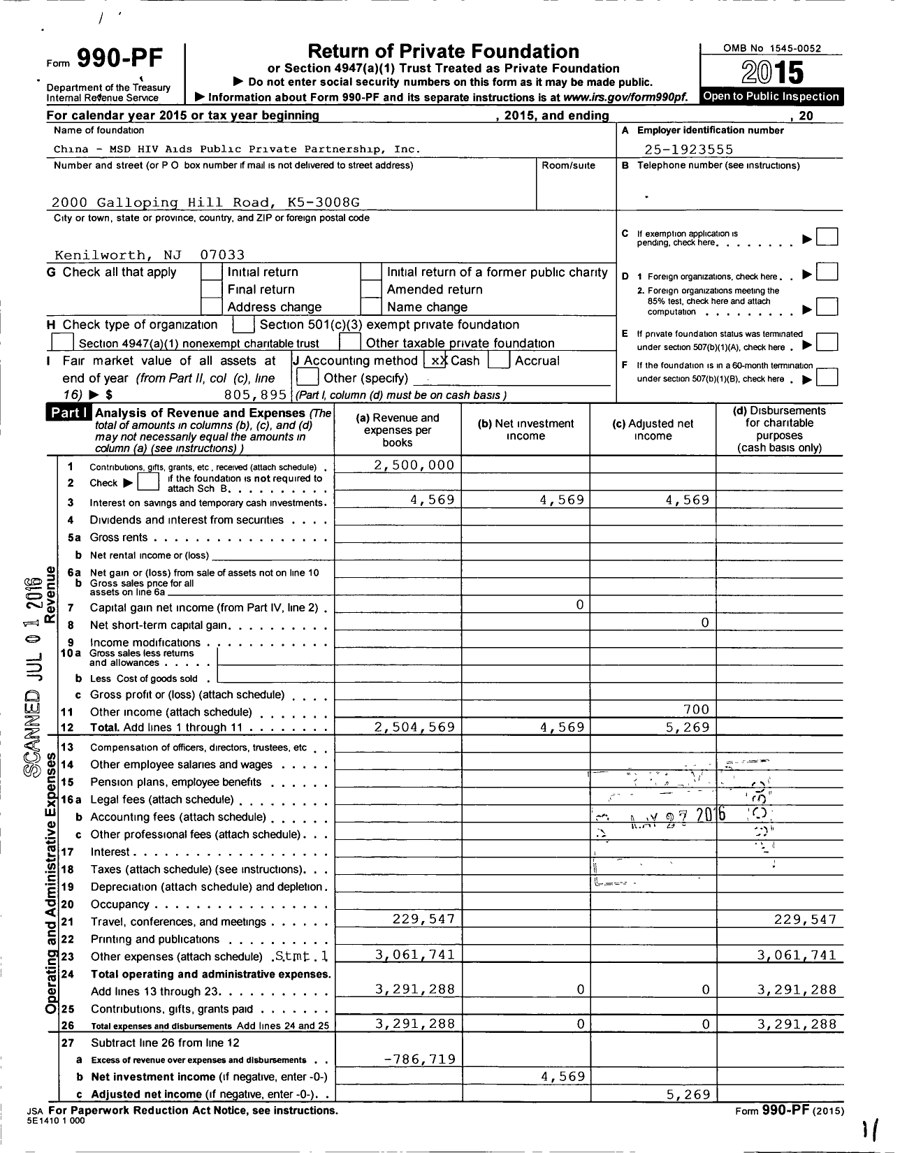 Image of first page of 2015 Form 990PF for China MSD Hiv Aids Public Private Partnership