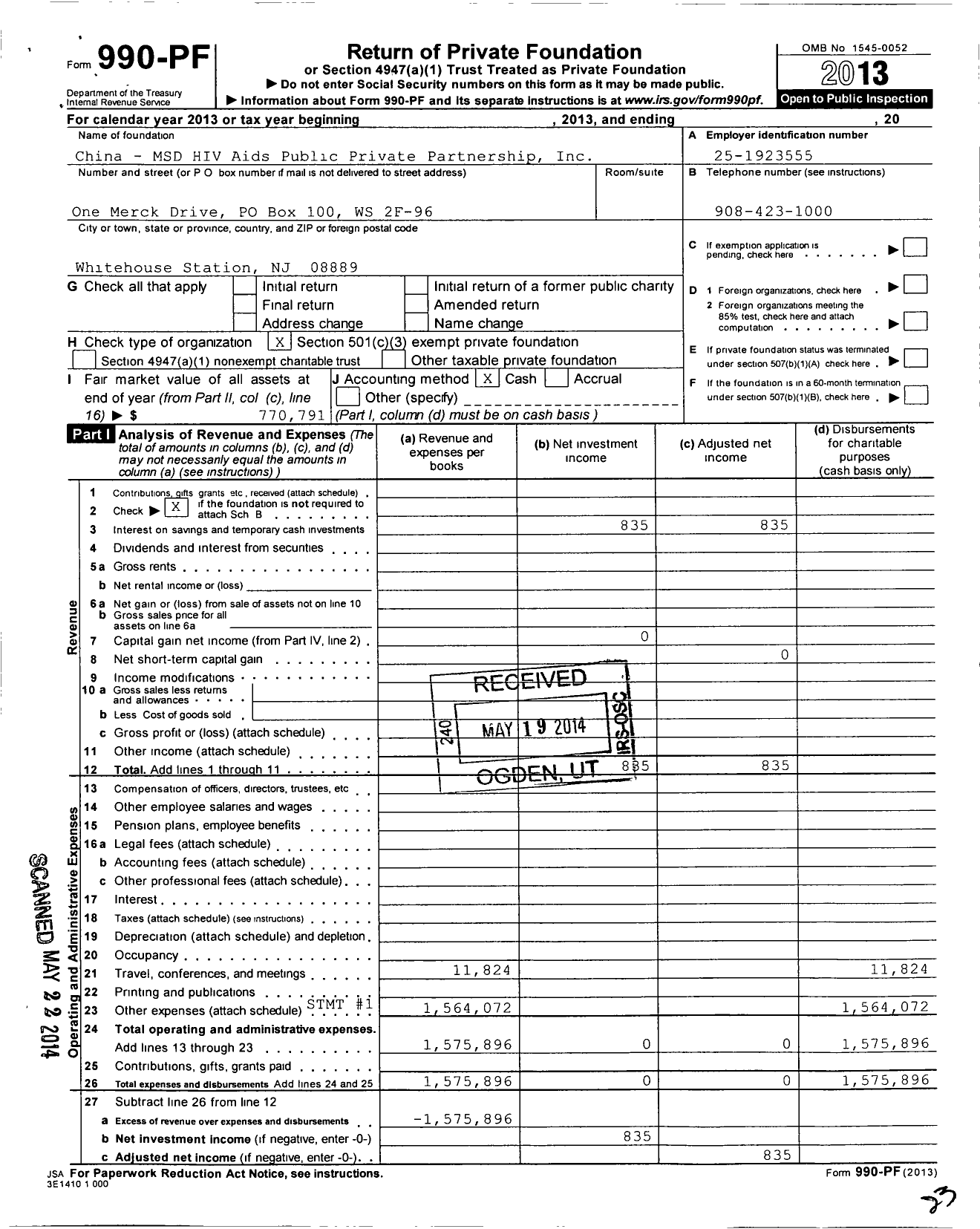 Image of first page of 2013 Form 990PF for China MSD Hiv Aids Public Private Partnership