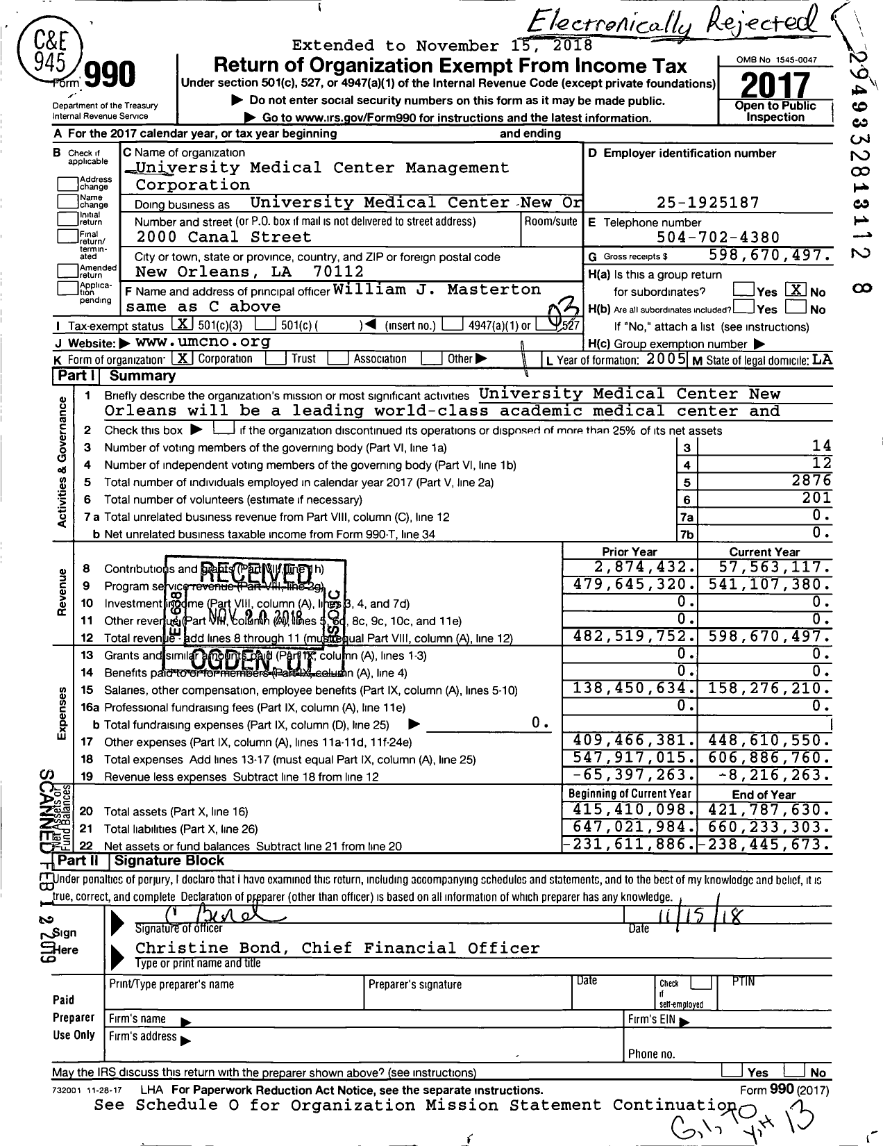 Image of first page of 2017 Form 990 for University Medical Center New Orleans (UMCNO)
