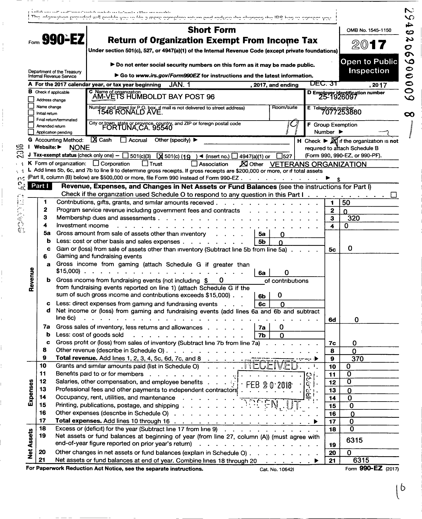 Image of first page of 2017 Form 990EO for Am Vets Humboldt Bay Post 96