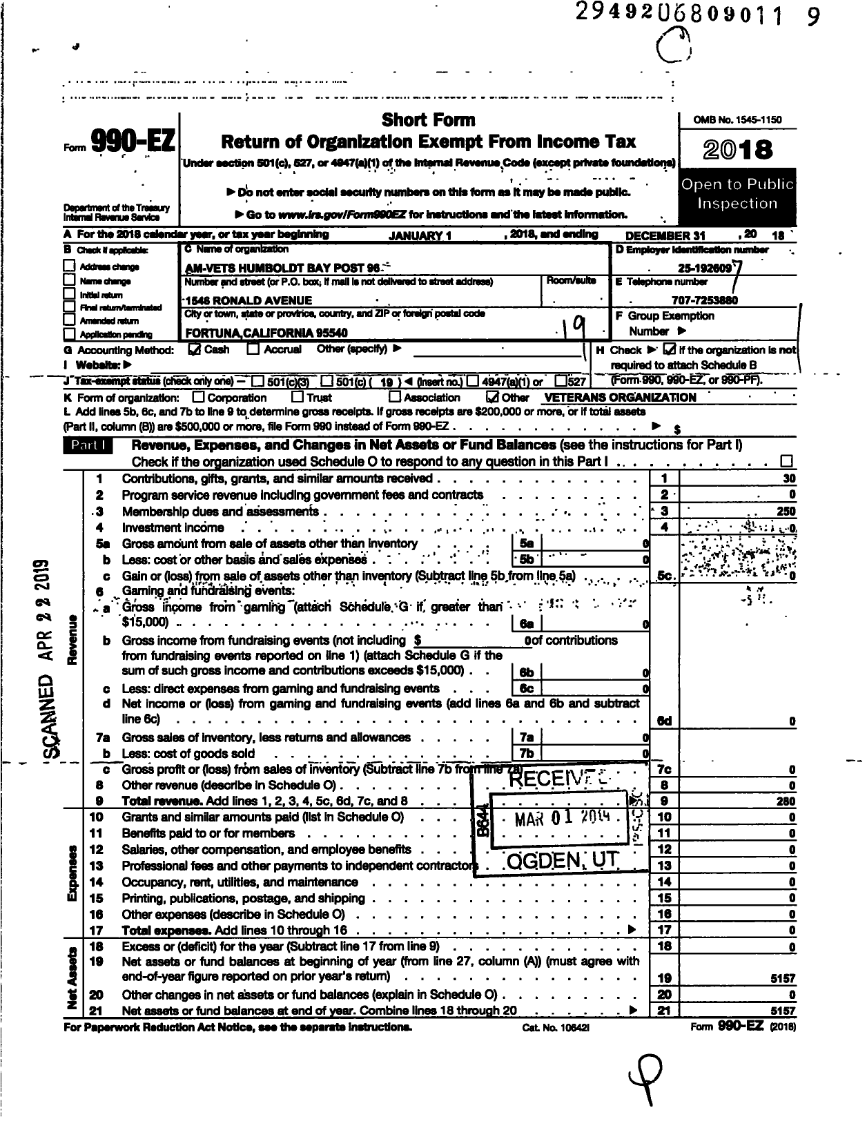 Image of first page of 2018 Form 990EO for Am Vets Humboldt Bay Post 96