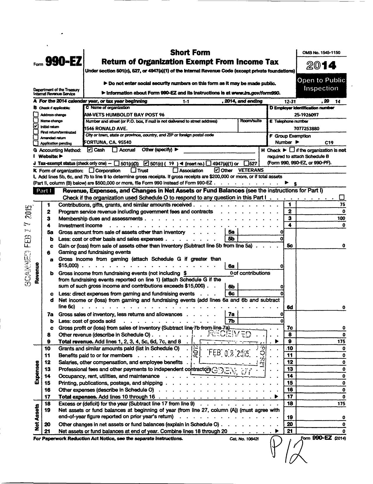 Image of first page of 2014 Form 990EO for Am Vets Humboldt Bay Post 96