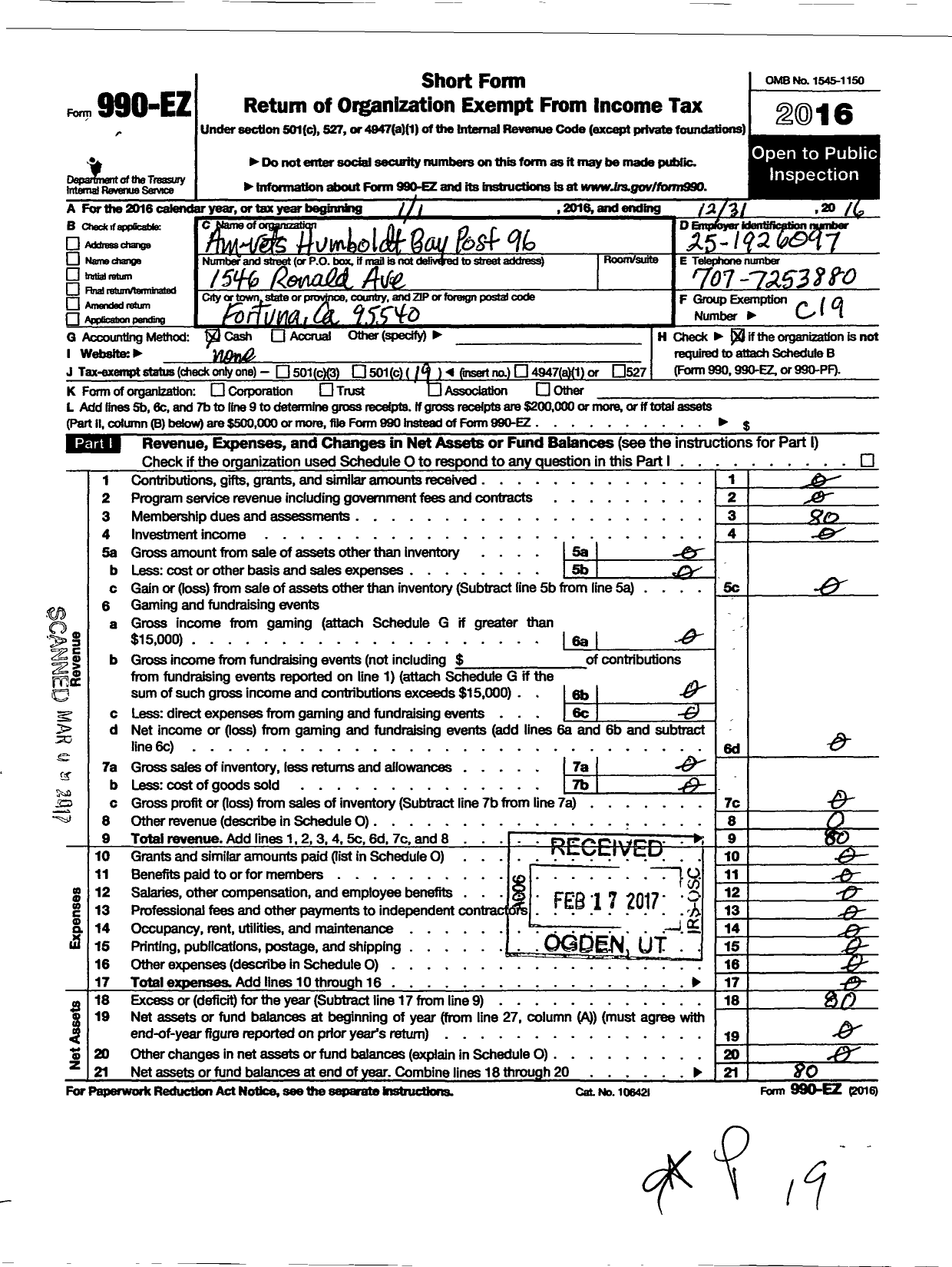 Image of first page of 2016 Form 990EO for Am Vets Humboldt Bay Post 96