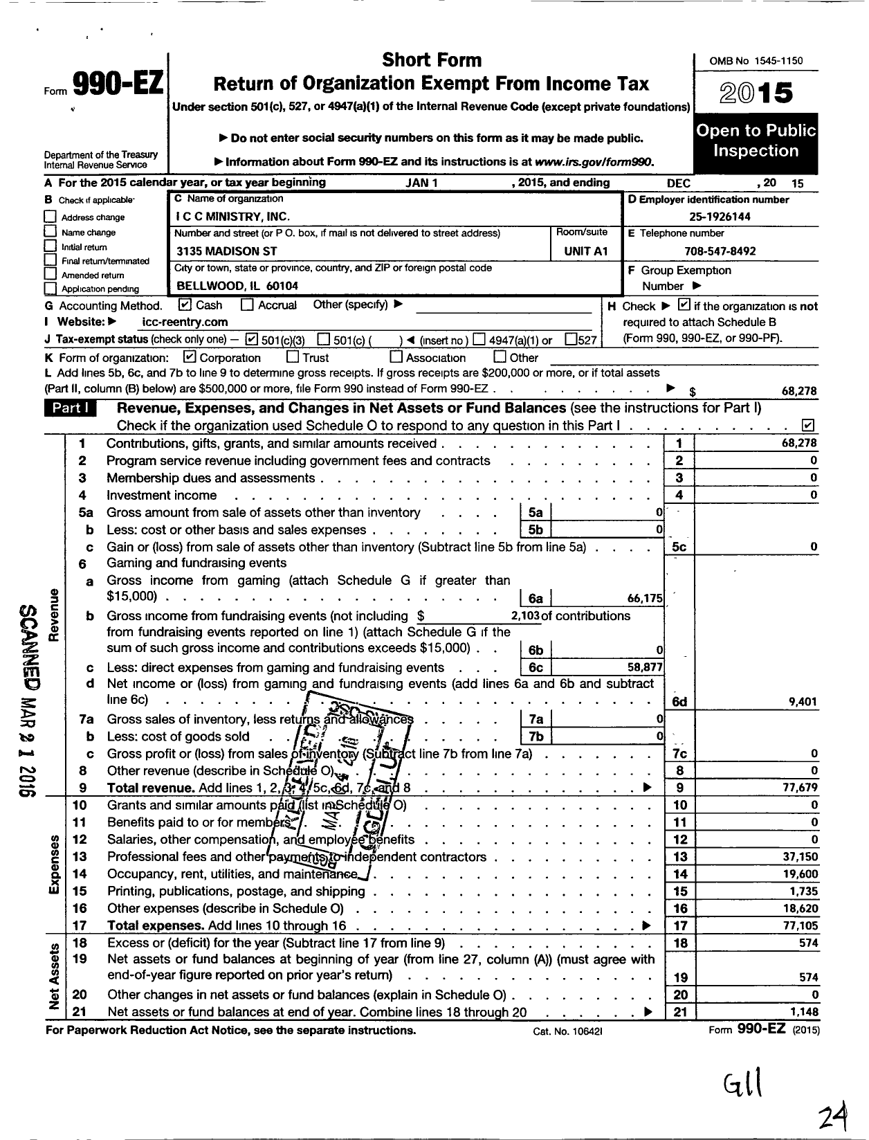 Image of first page of 2015 Form 990EZ for I C C Ministry