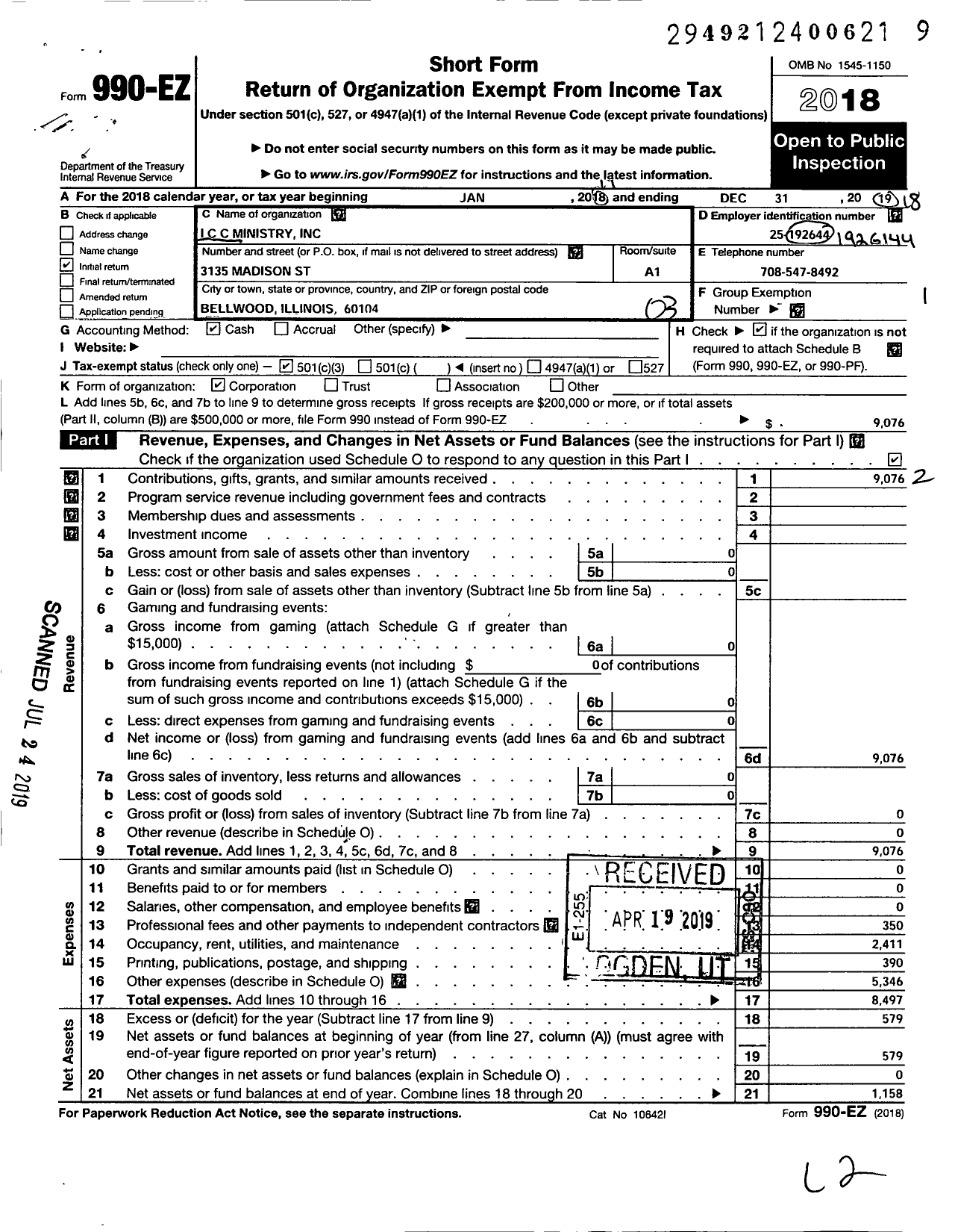 Image of first page of 2018 Form 990EZ for I C C Ministry