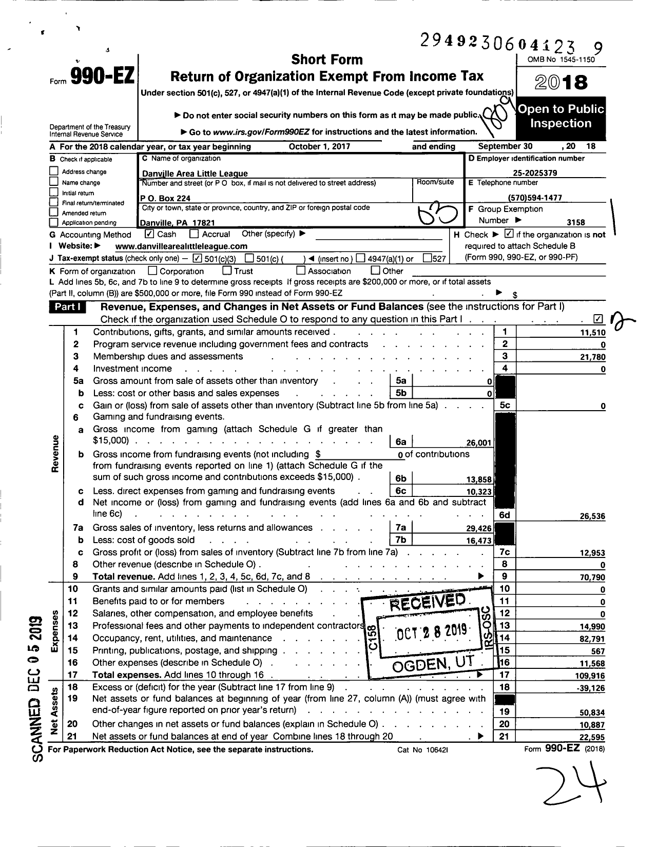 Image of first page of 2017 Form 990EZ for Danville Area Little League