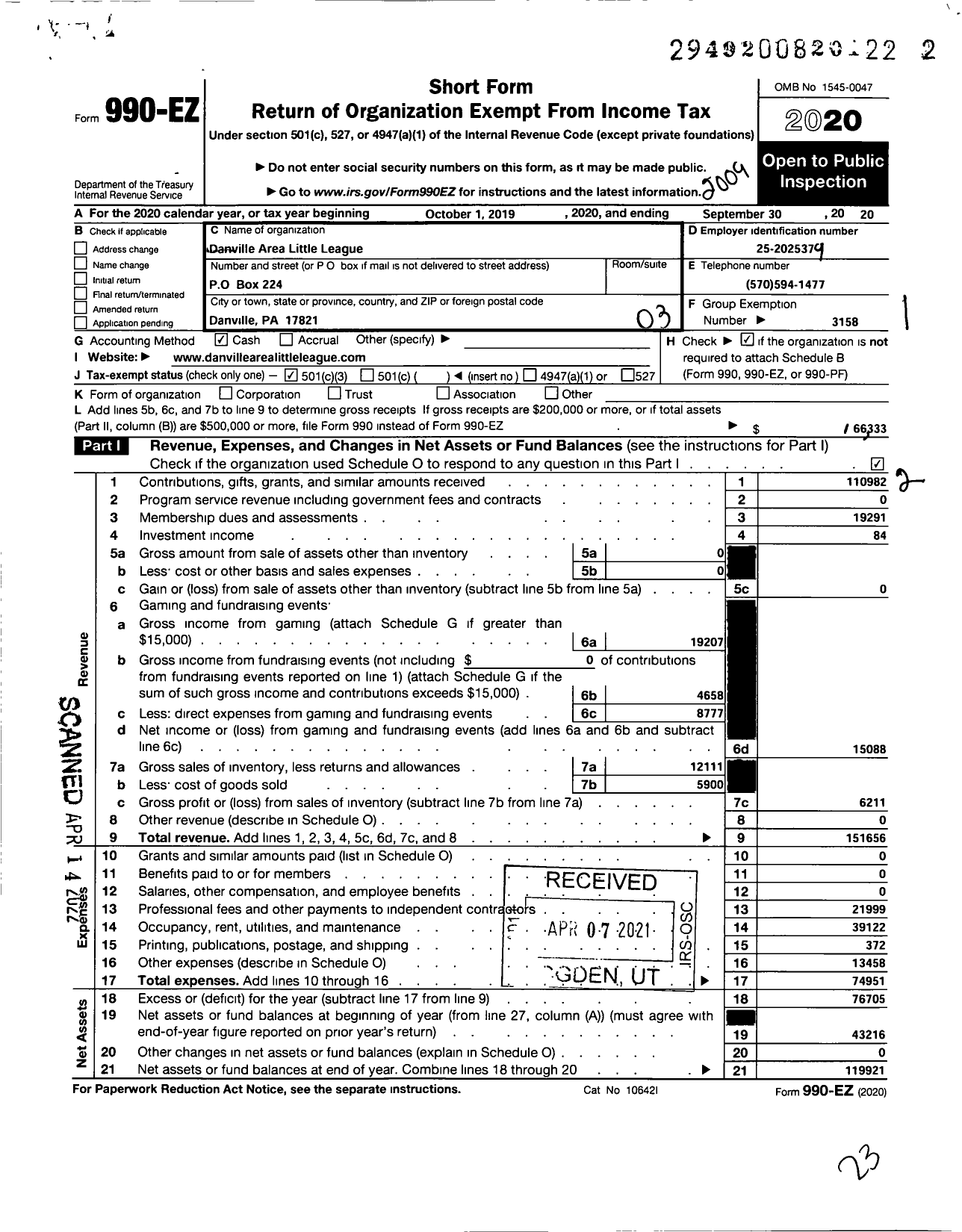 Image of first page of 2019 Form 990EZ for Danville Area Little League