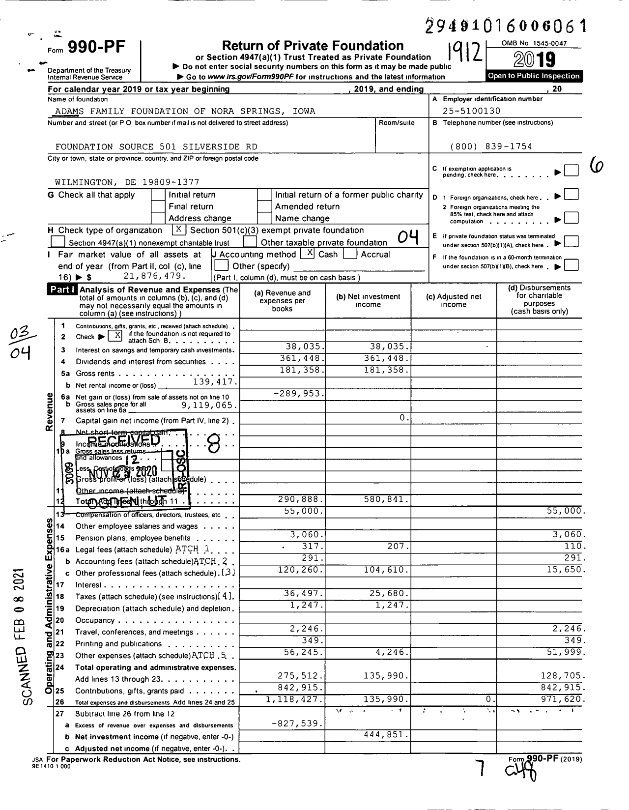 Image of first page of 2019 Form 990PF for Adams Family Foundation of Nora Springs Iowa