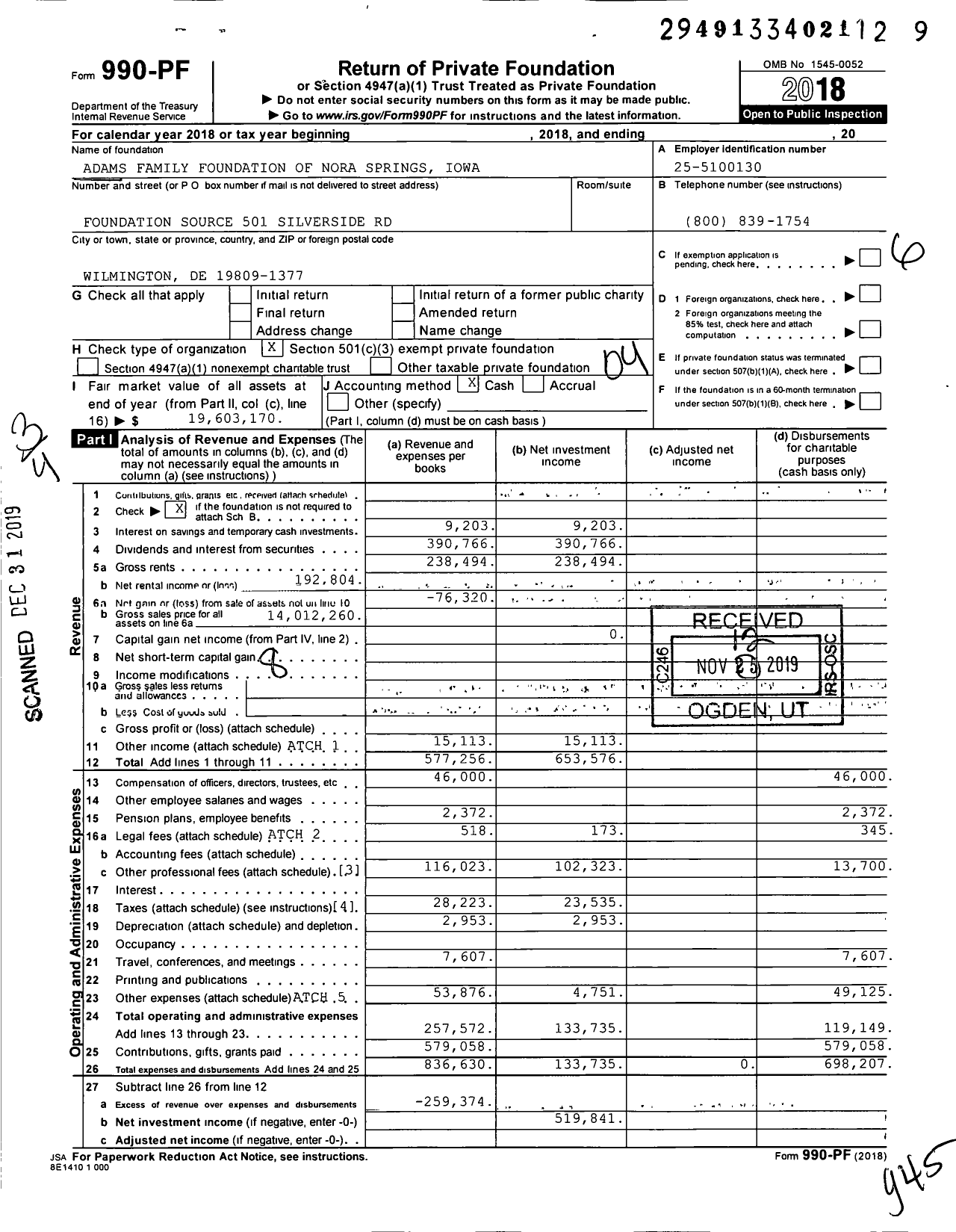 Image of first page of 2018 Form 990PF for Adams Family Foundation of Nora Springs Iowa