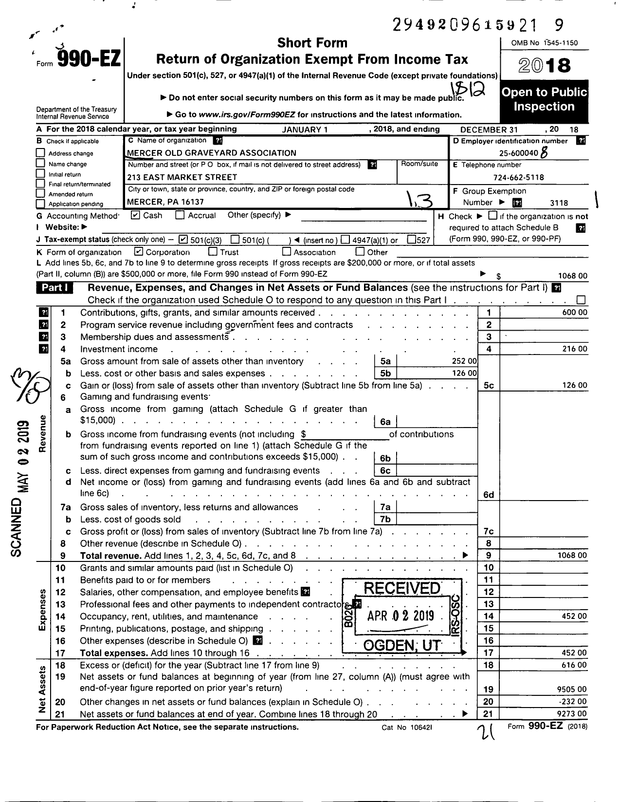 Image of first page of 2018 Form 990EO for Mercer Old Graveyard Association