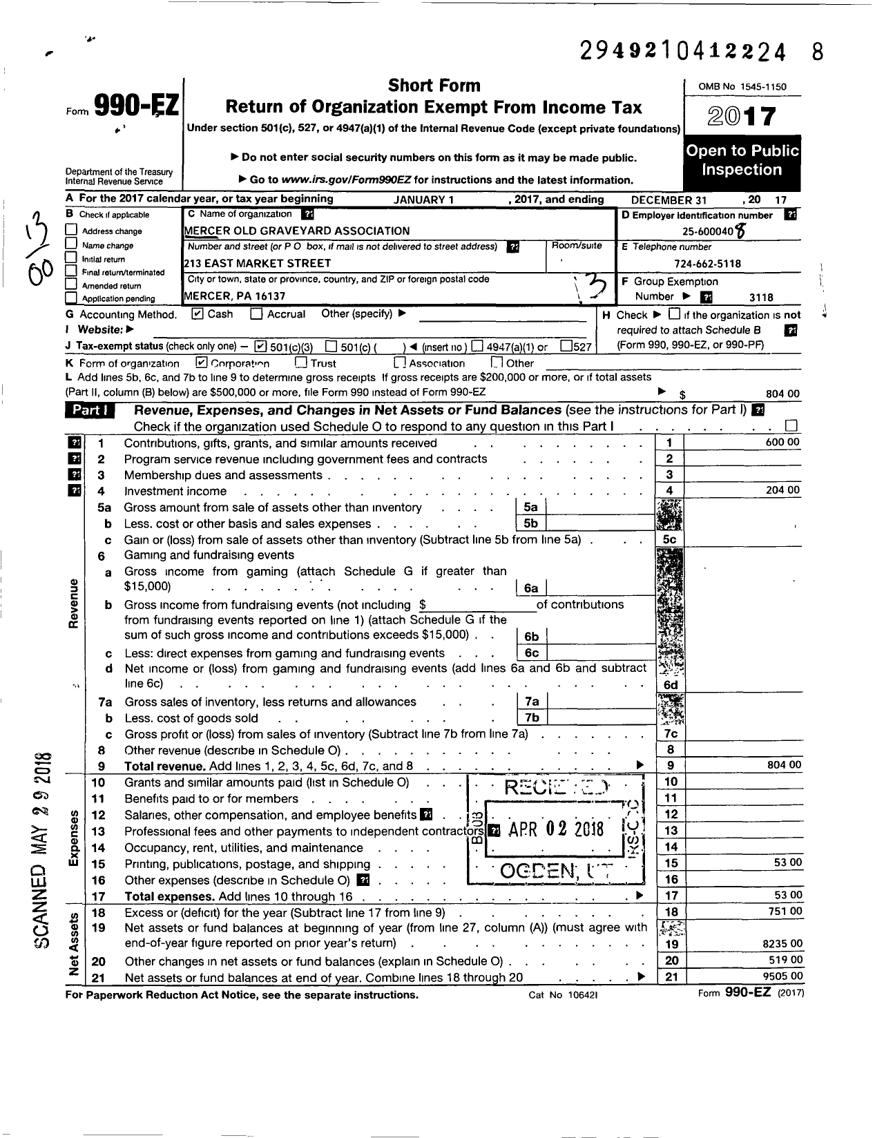 Image of first page of 2017 Form 990EO for Mercer Old Graveyard Association