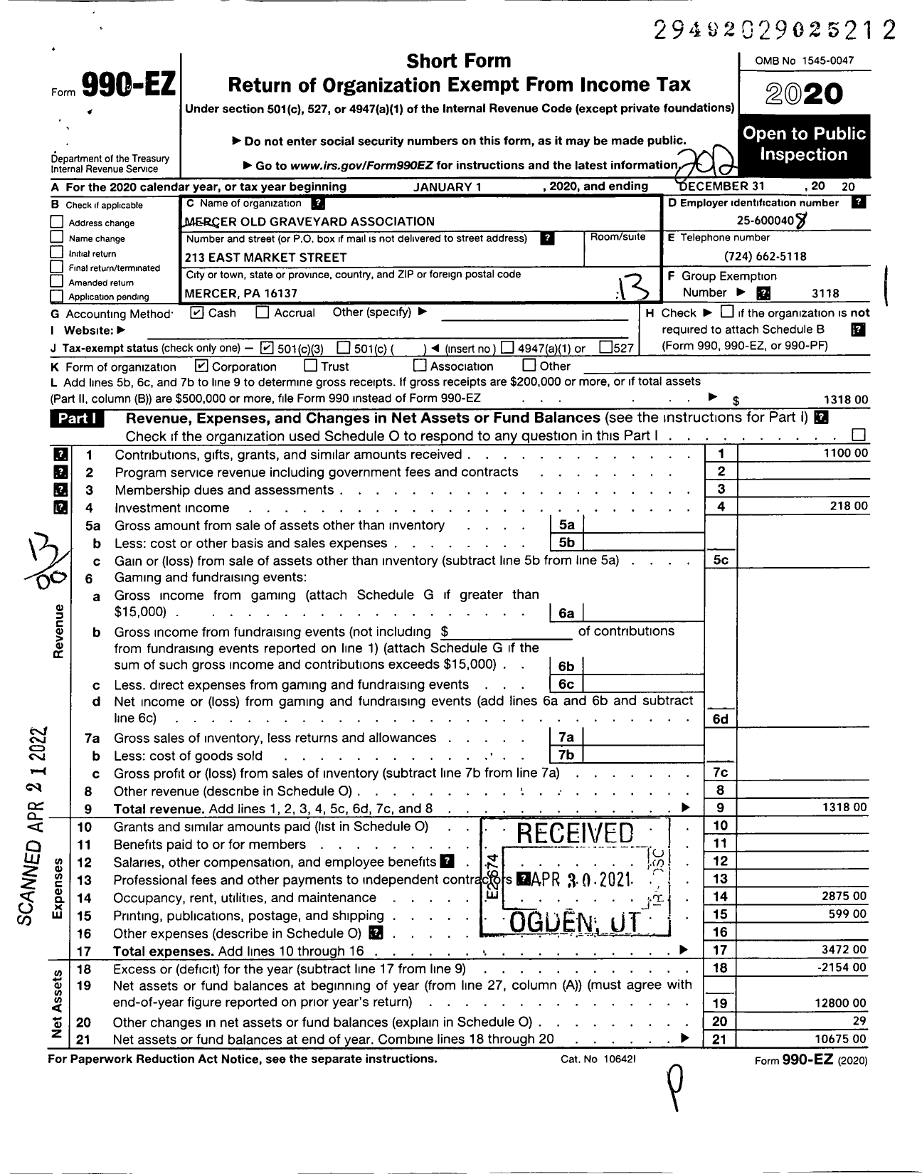 Image of first page of 2020 Form 990EO for Mercer Old Graveyard Association