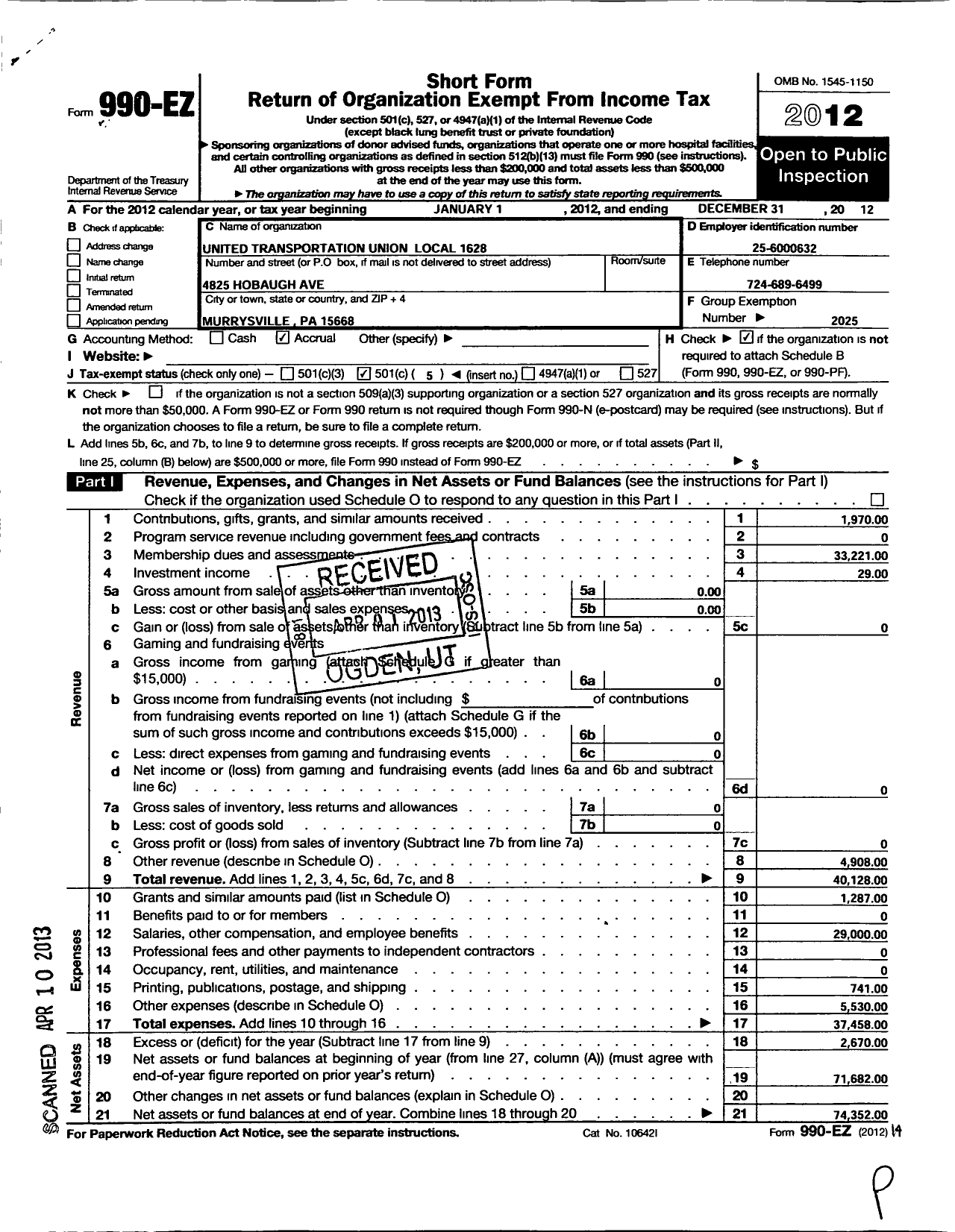 Image of first page of 2012 Form 990EO for Smart Union - 1628 TD