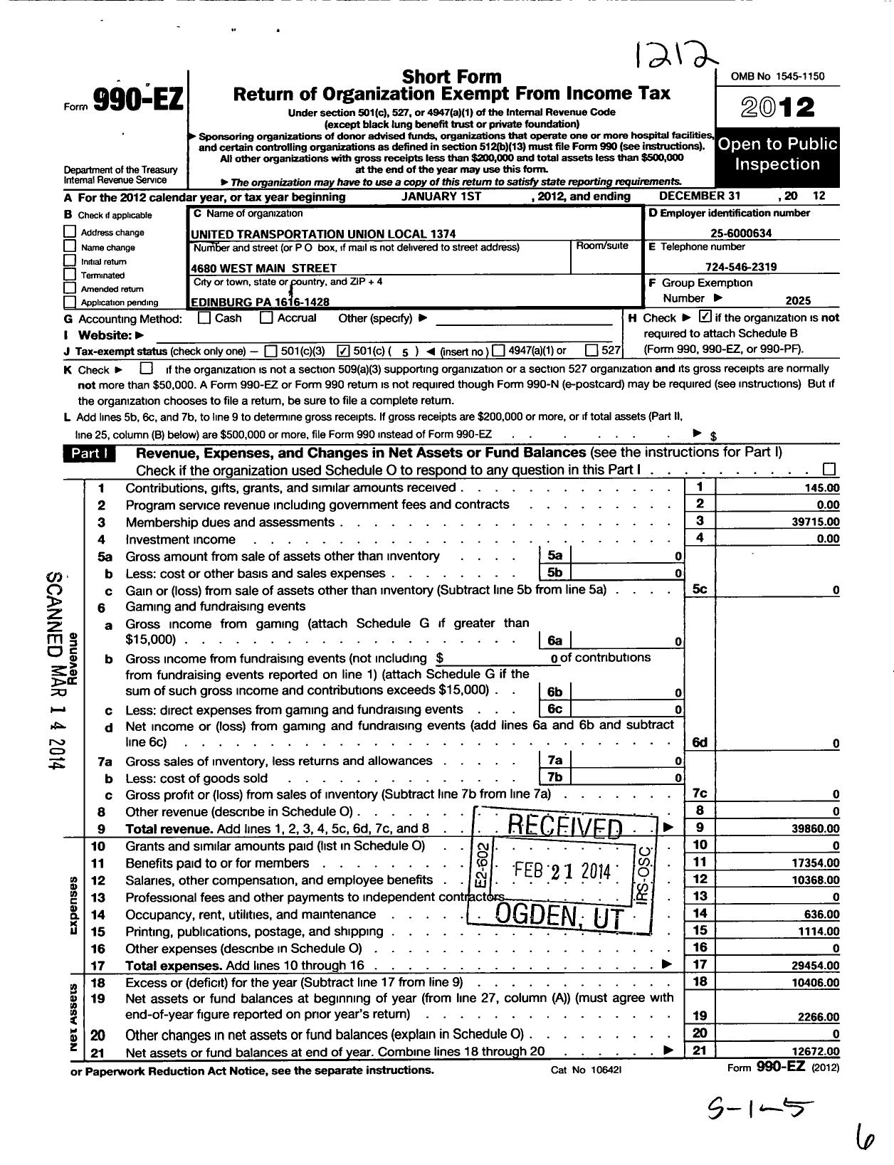 Image of first page of 2012 Form 990EO for Smart Union - 1374 TD