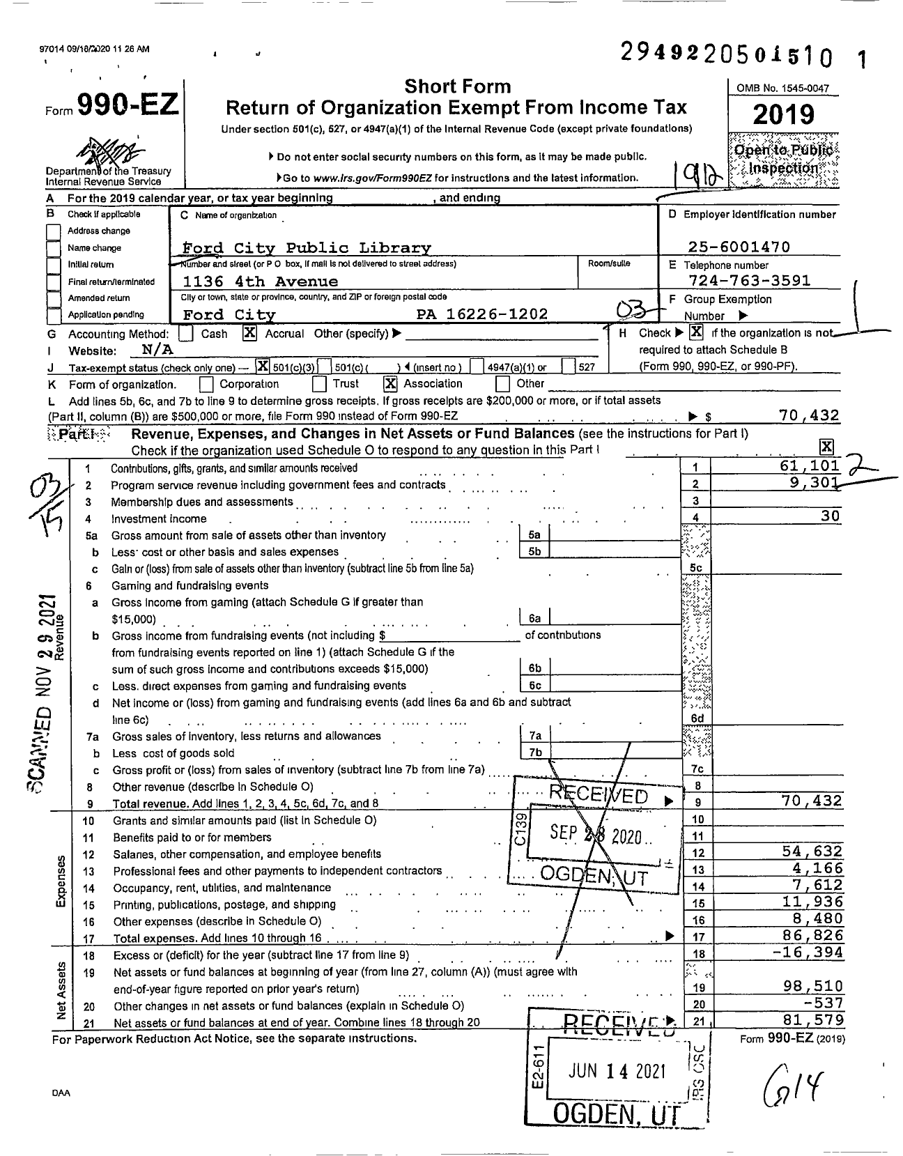 Image of first page of 2019 Form 990EZ for Ford City Public Library