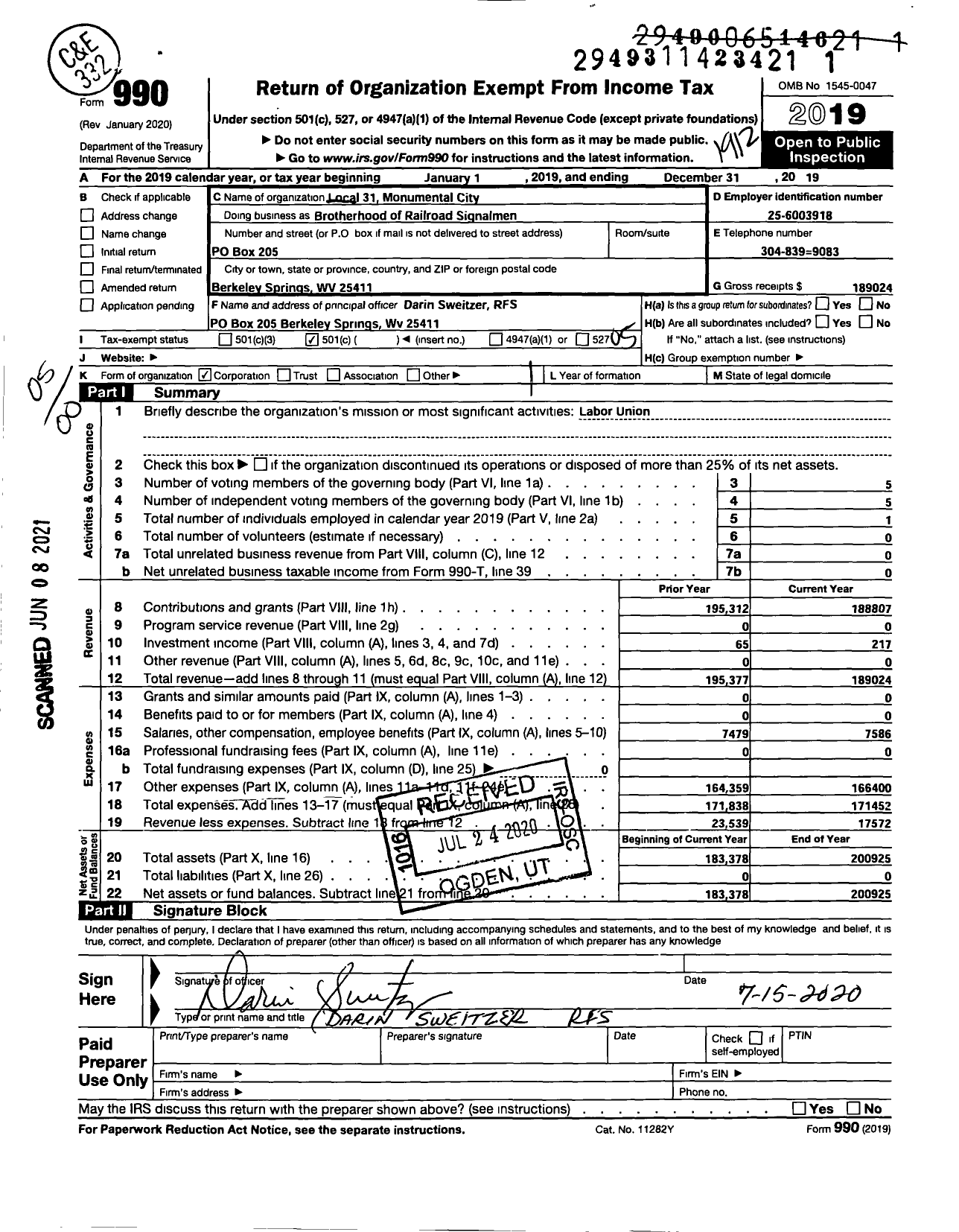 Image of first page of 2019 Form 990O for Brotherhood of Railroad Signalmen - Labor Organazation