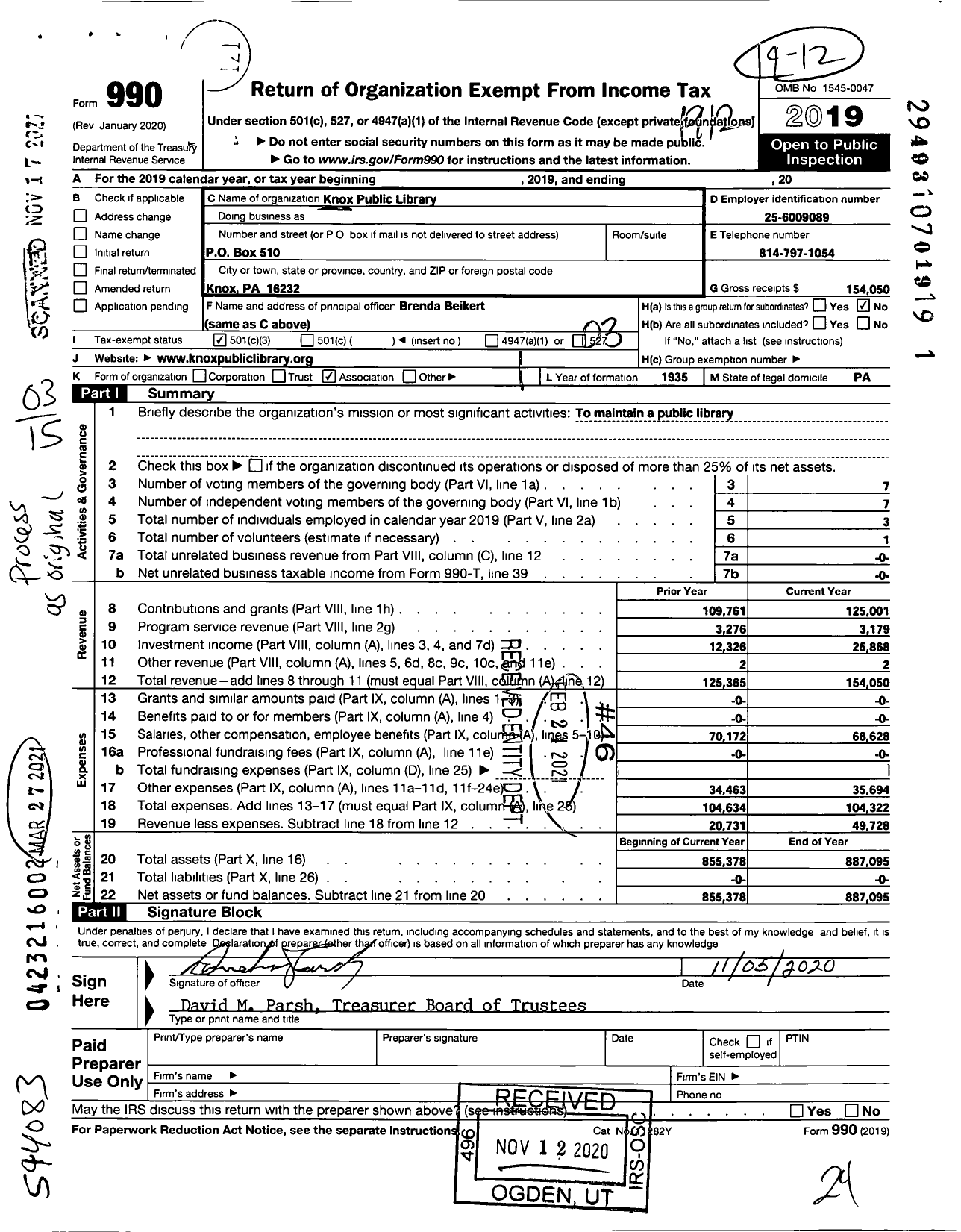 Image of first page of 2019 Form 990 for Knox Public Library