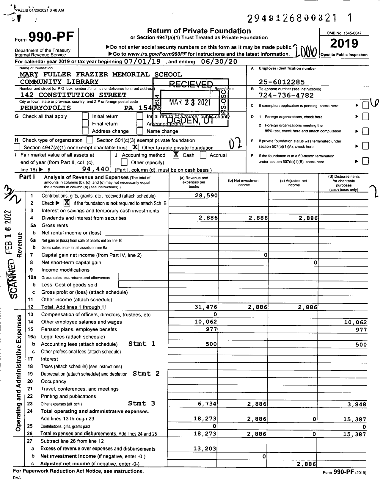 Image of first page of 2019 Form 990PF for Mary Fuller Frazier Memorial School Community Library