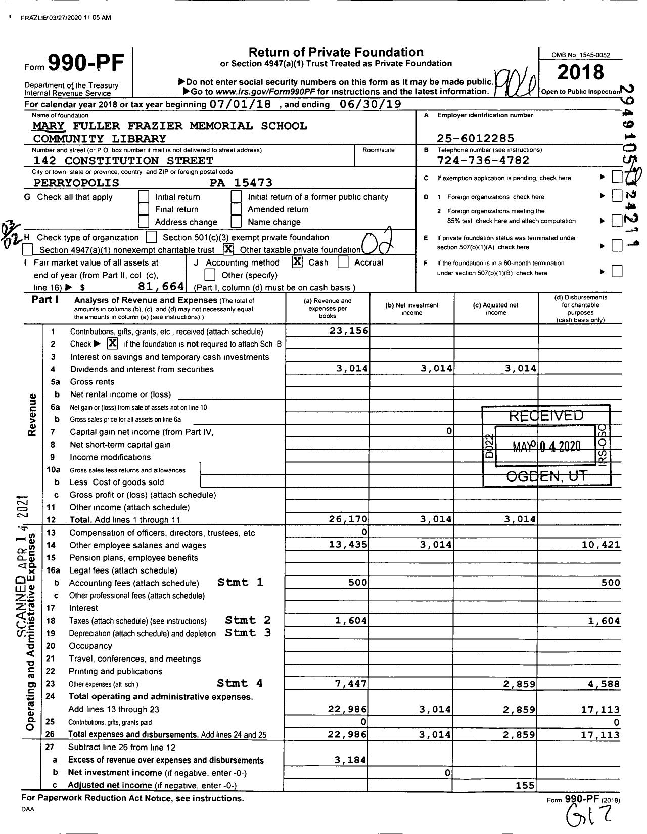 Image of first page of 2018 Form 990PF for Mary Fuller Frazier Memorial School Community Library