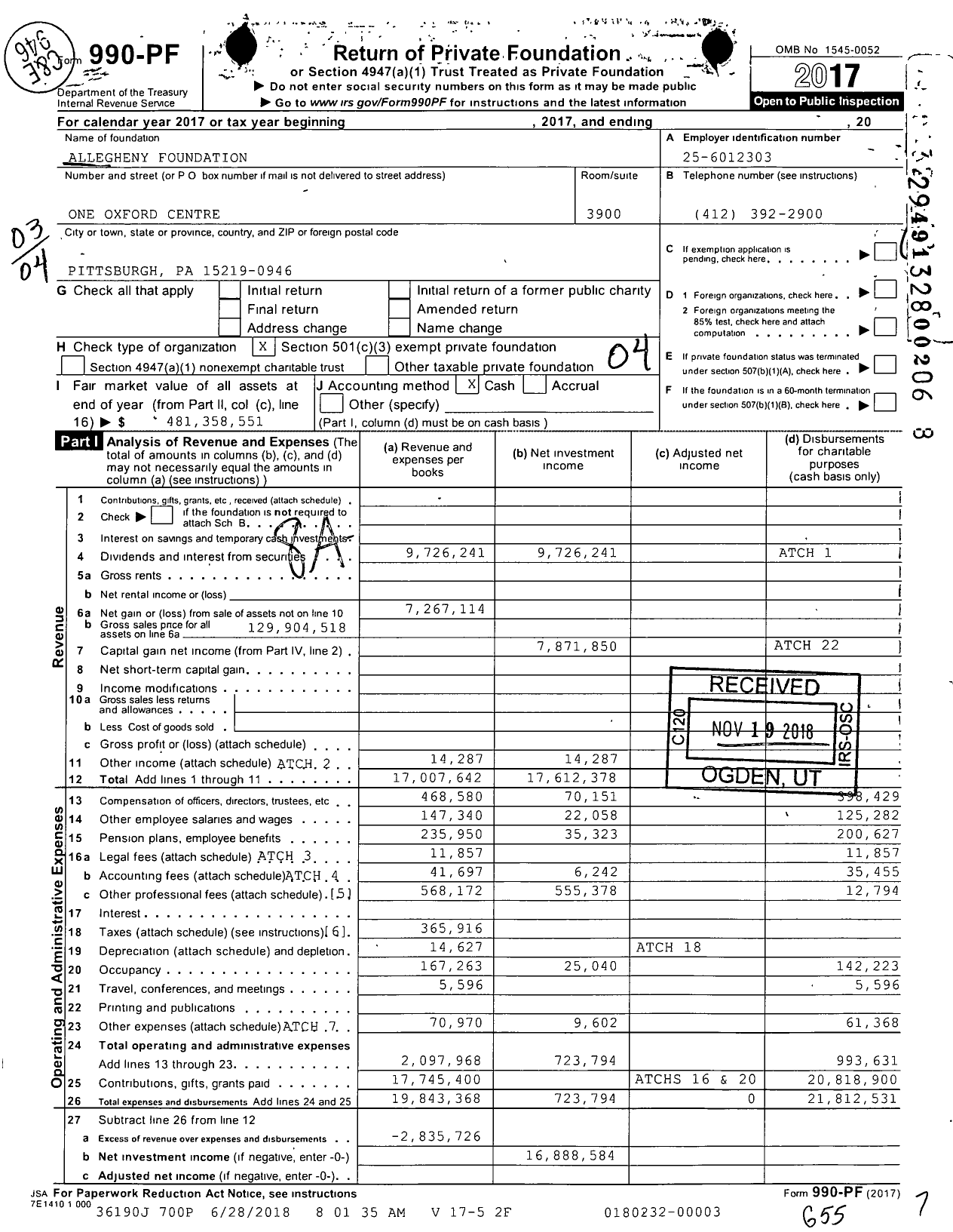 Image of first page of 2017 Form 990PF for Allegheny Foundation