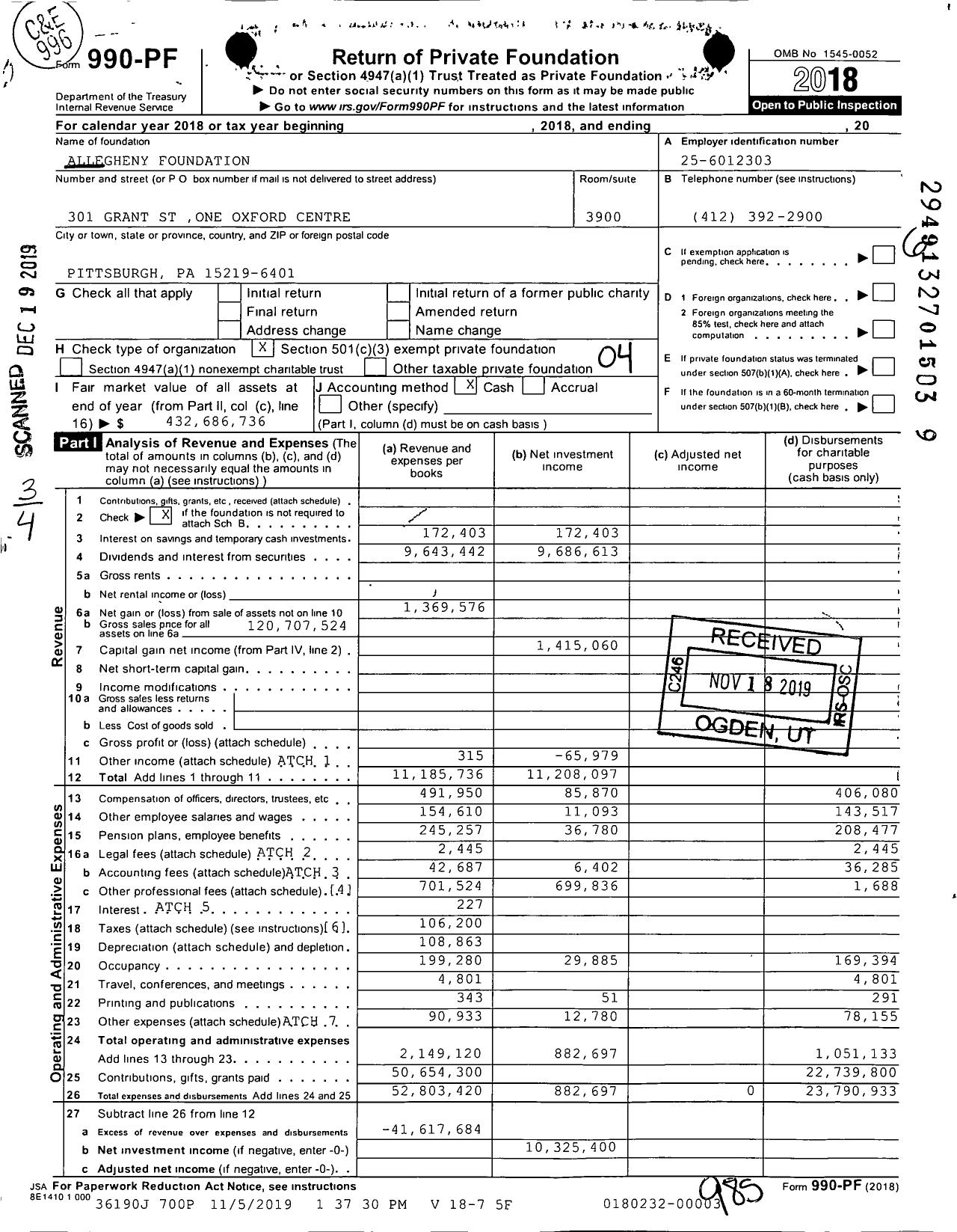Image of first page of 2018 Form 990PF for Allegheny Foundation