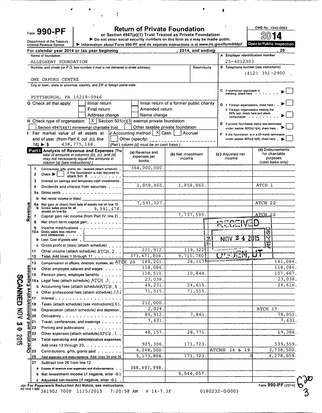 Image of first page of 2014 Form 990PF for Allegheny Foundation