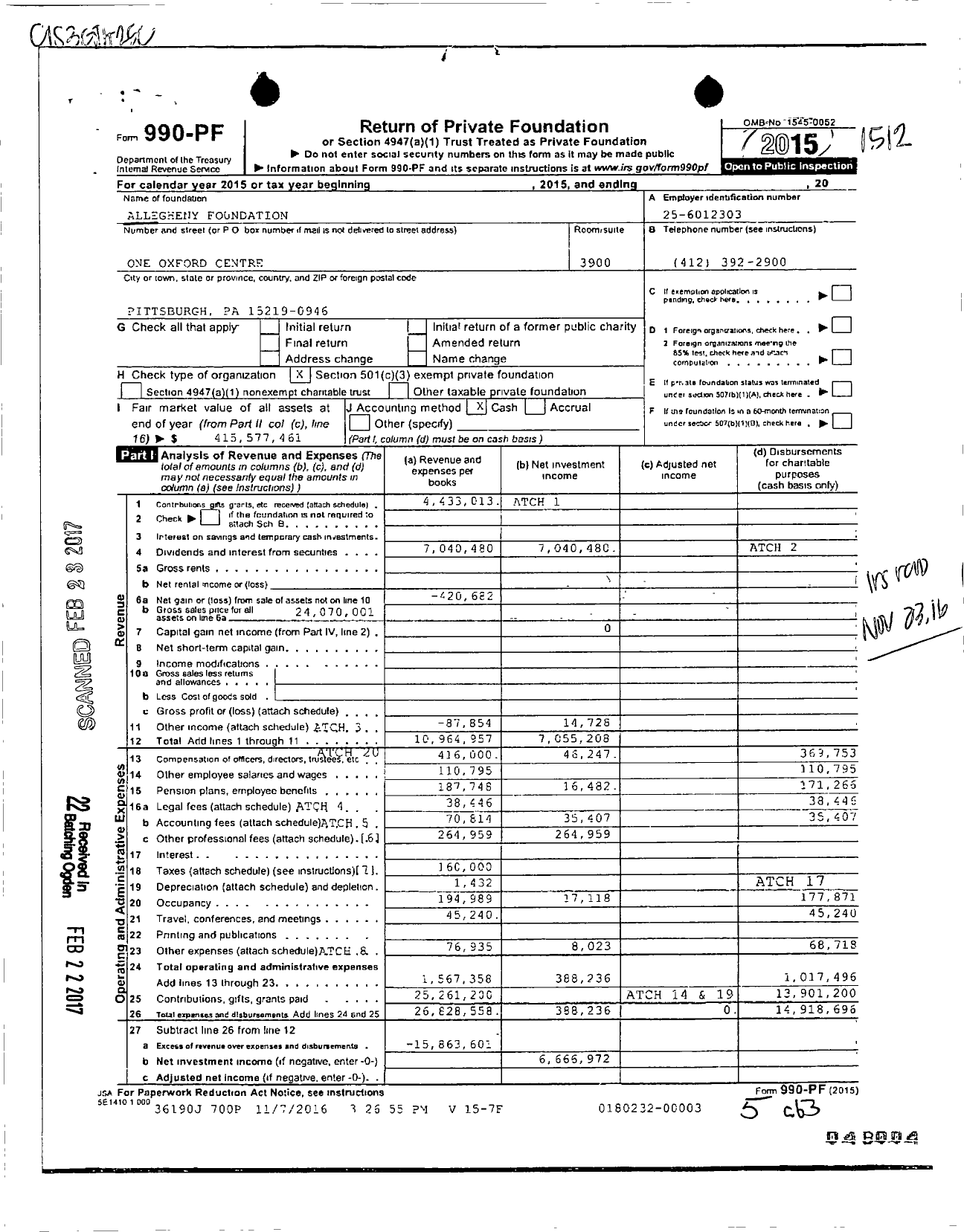 Image of first page of 2015 Form 990PF for Allegheny Foundation