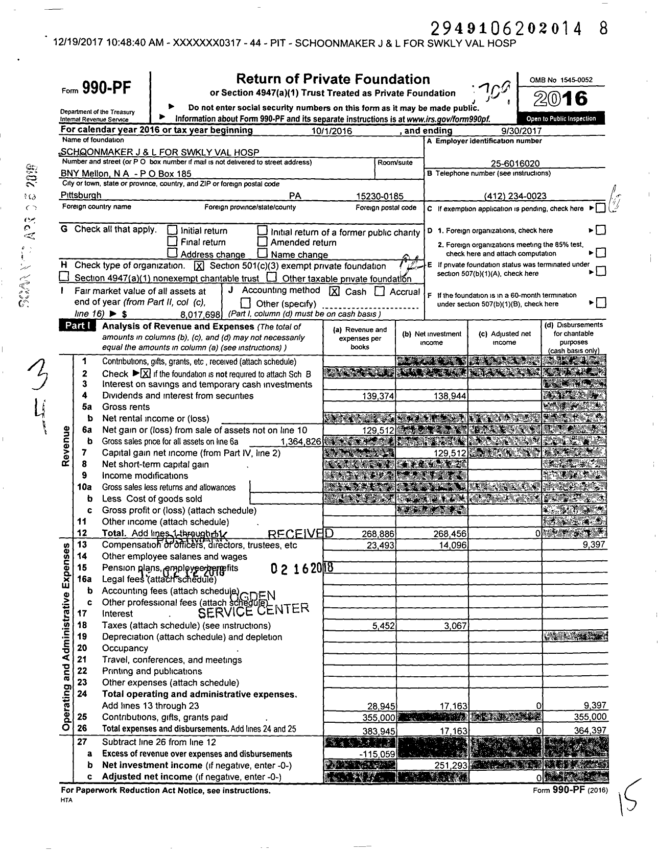 Image of first page of 2016 Form 990PF for Schoonmaker J and L for Swkly Val Hospital