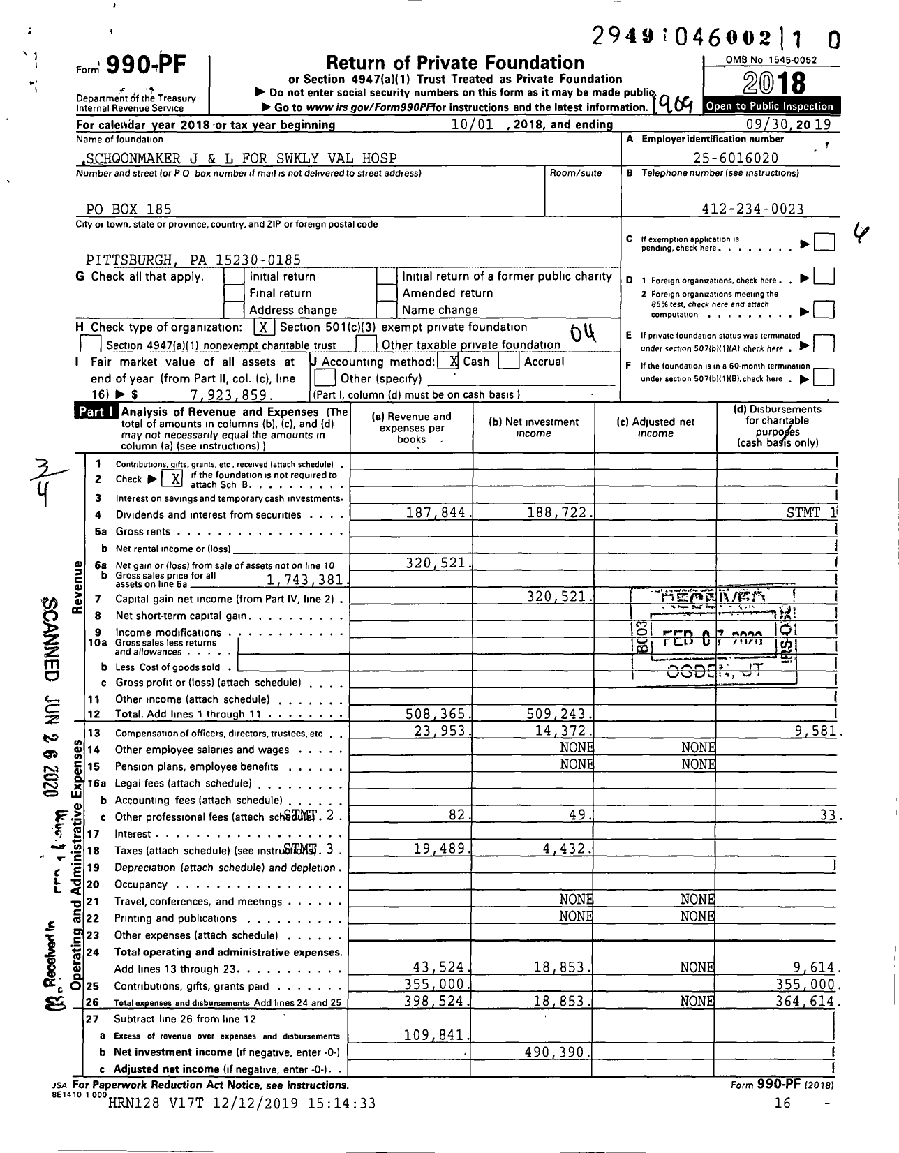 Image of first page of 2018 Form 990PR for Schoonmaker J and L for Swkly Val Hospital