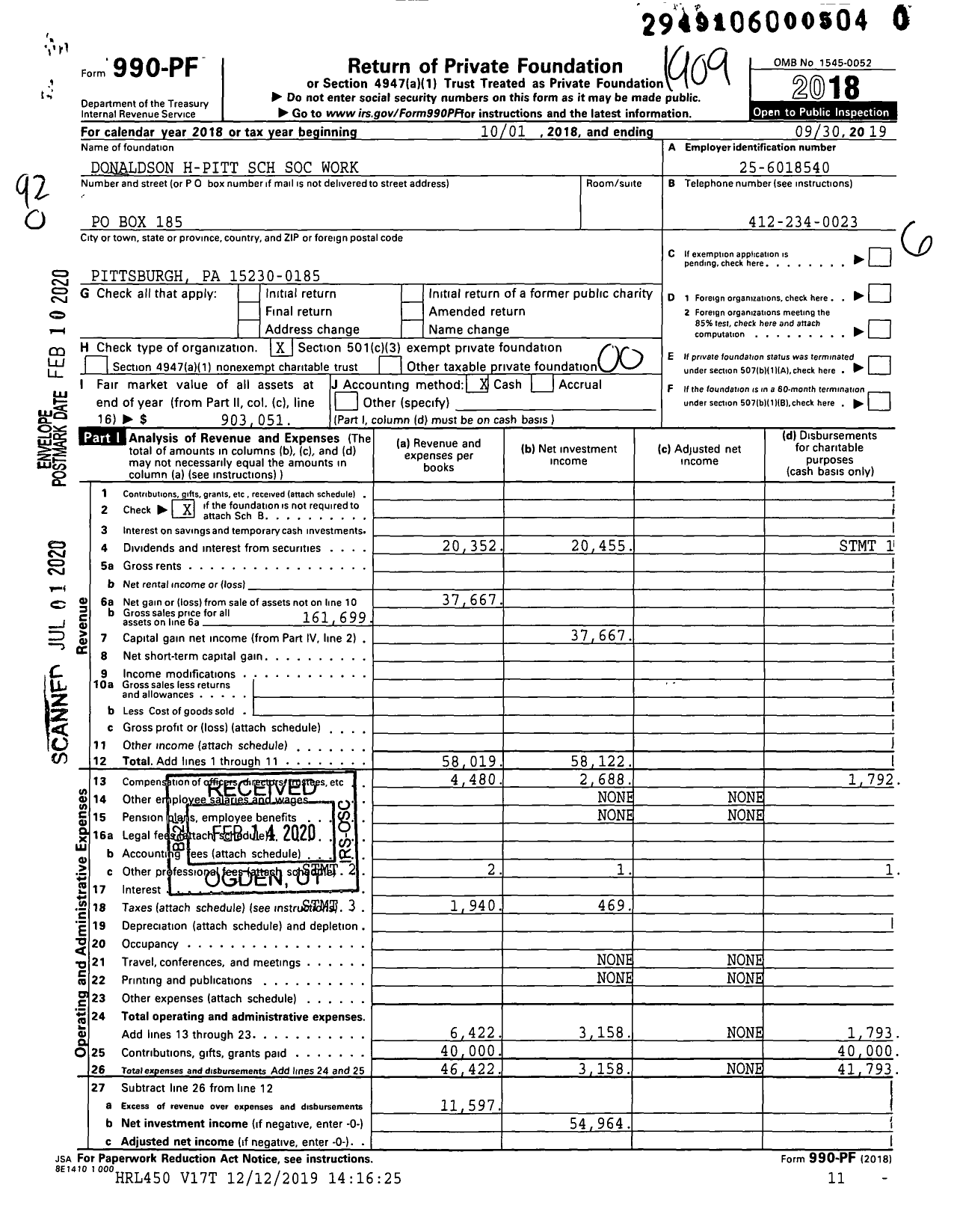 Image of first page of 2018 Form 990PR for Donaldson H-Pitt SCH Soc Work