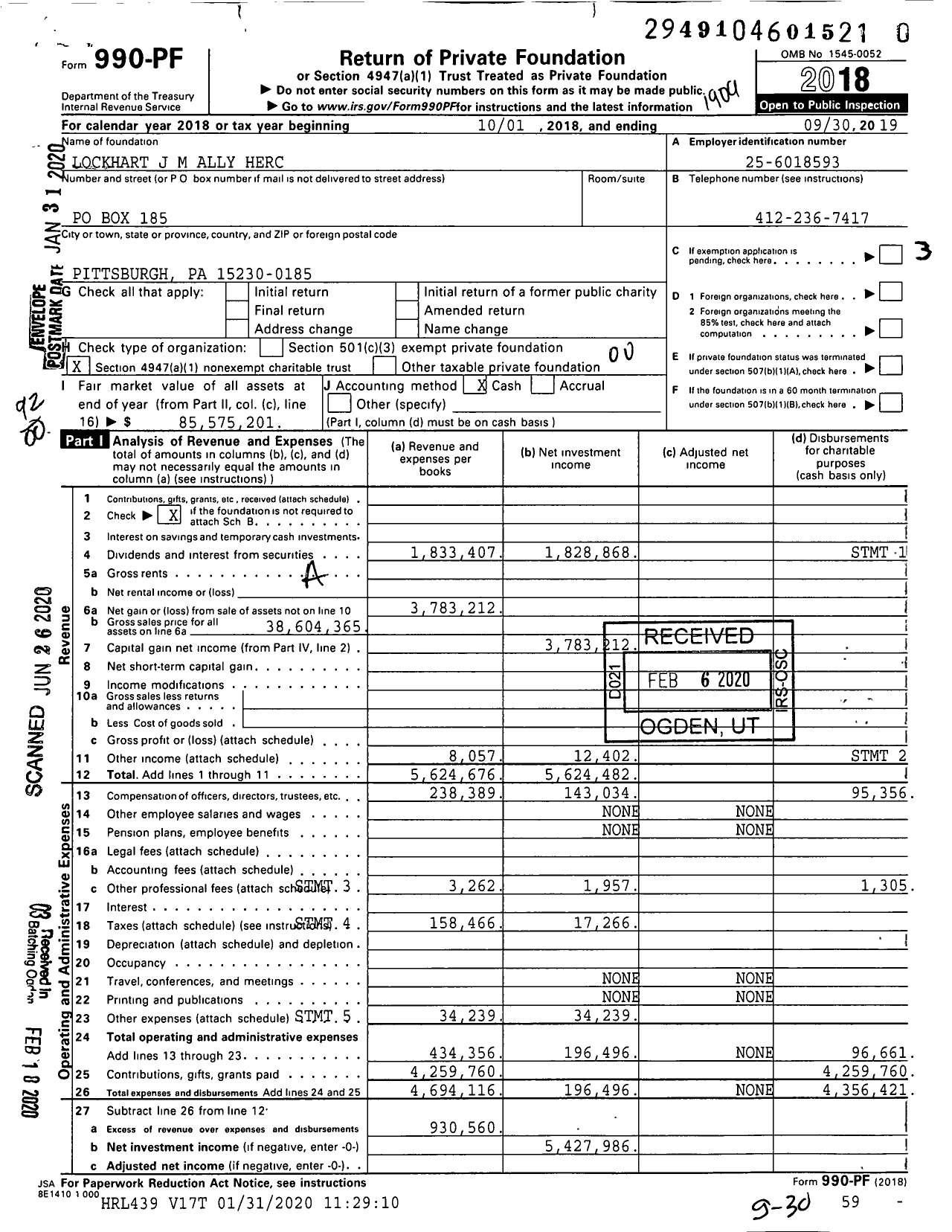 Image of first page of 2018 Form 990PR for J M Ally Lockhart