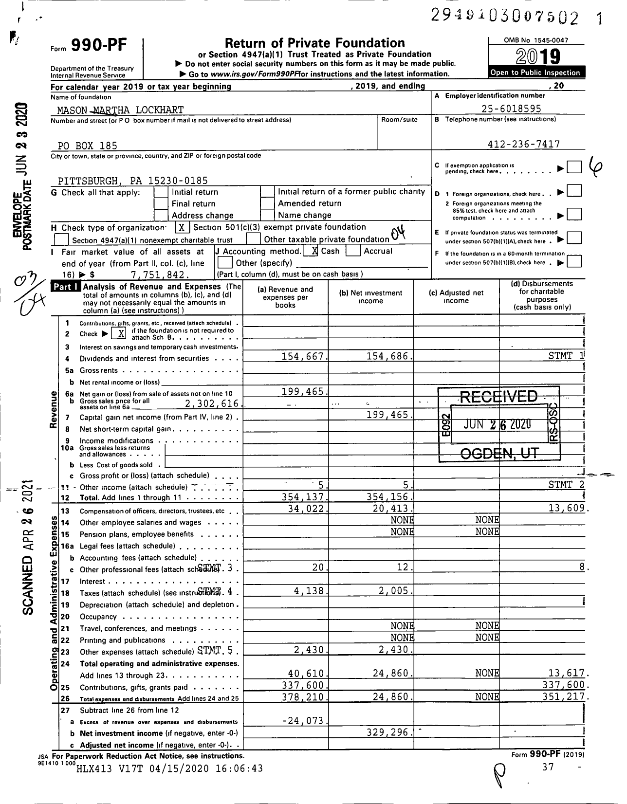 Image of first page of 2019 Form 990PF for Mason Martha Lockhart