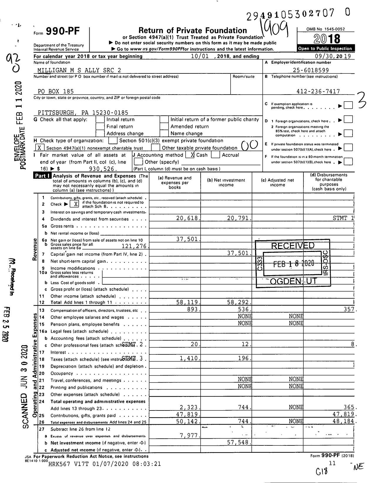 Image of first page of 2018 Form 990PR for Milligan M S Ally SRC 2