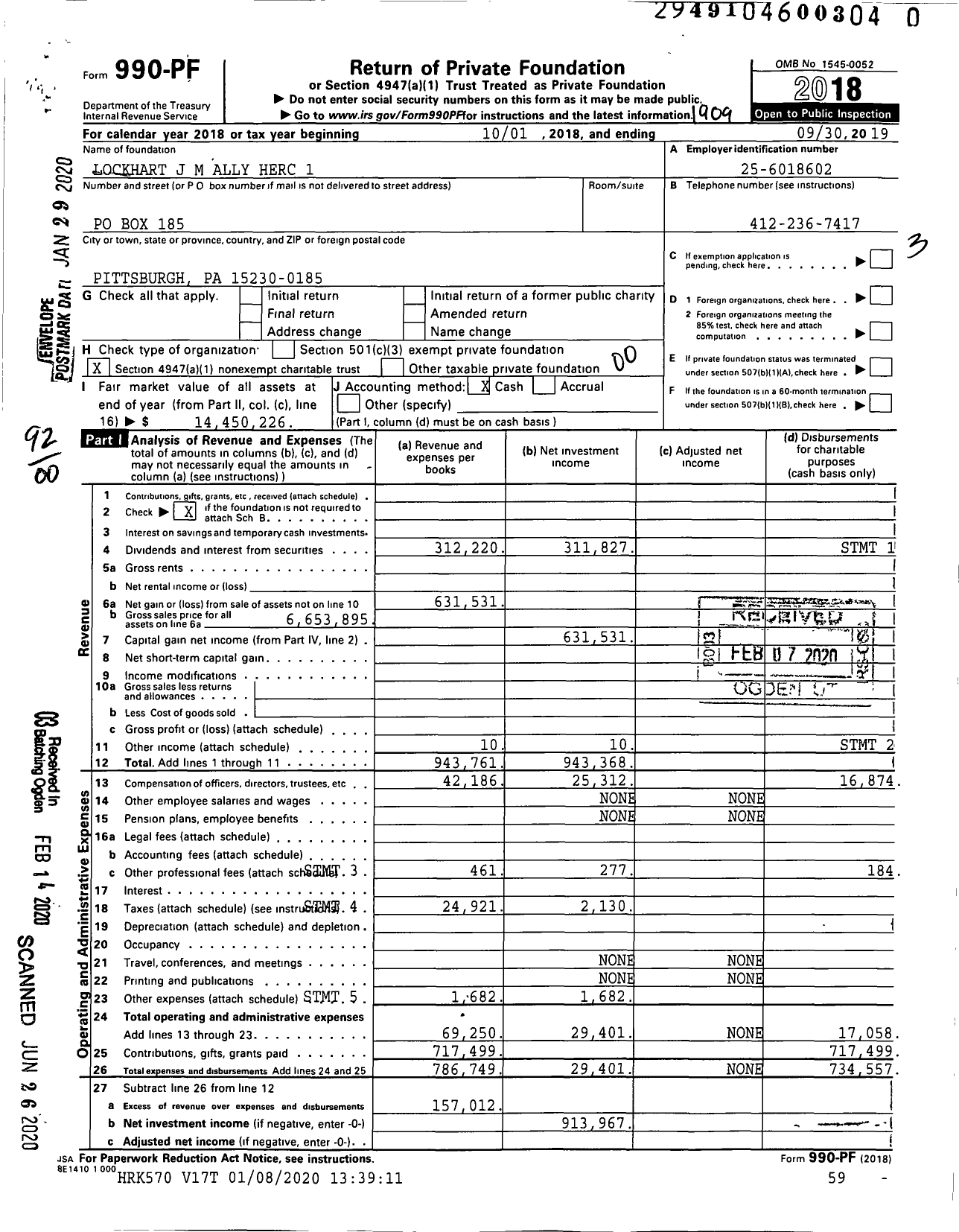 Image of first page of 2018 Form 990PR for Lockhart J M Ally Herc 1