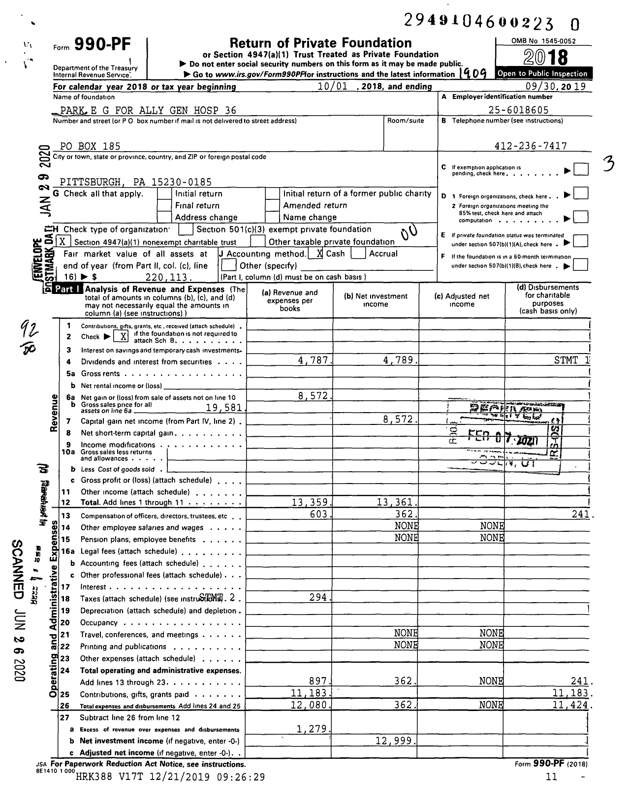 Image of first page of 2018 Form 990PR for Park E G for Ally Gen Hospital 36