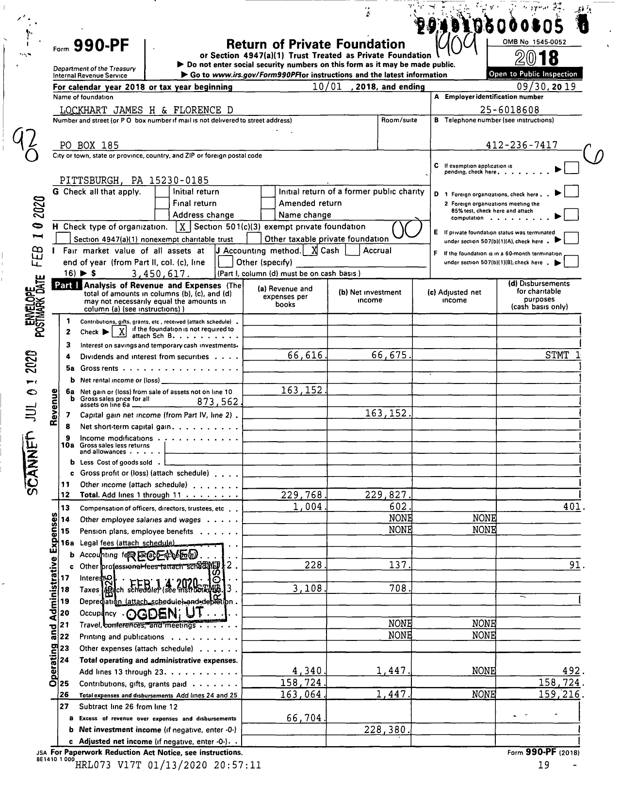 Image of first page of 2018 Form 990PR for Lockhart James H and Florence D