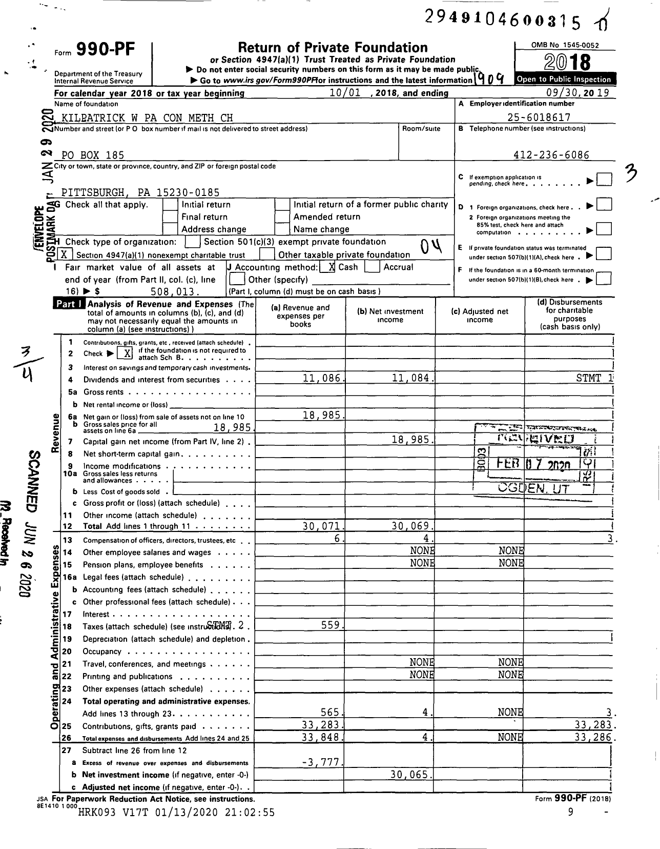 Image of first page of 2018 Form 990PR for Kilpatrick W Pa Con Meth CH