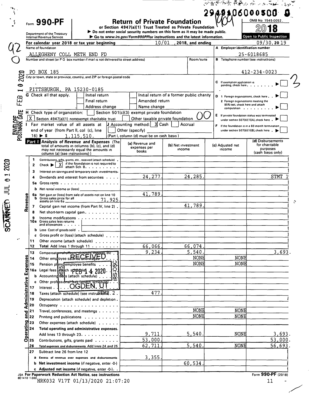 Image of first page of 2018 Form 990PR for Allegheny Coll Meth End Fund