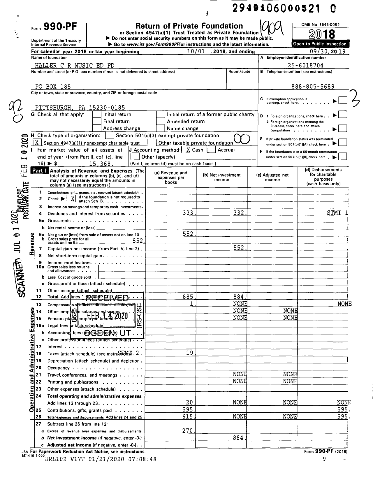 Image of first page of 2018 Form 990PR for Haller C R Music Ed Fund