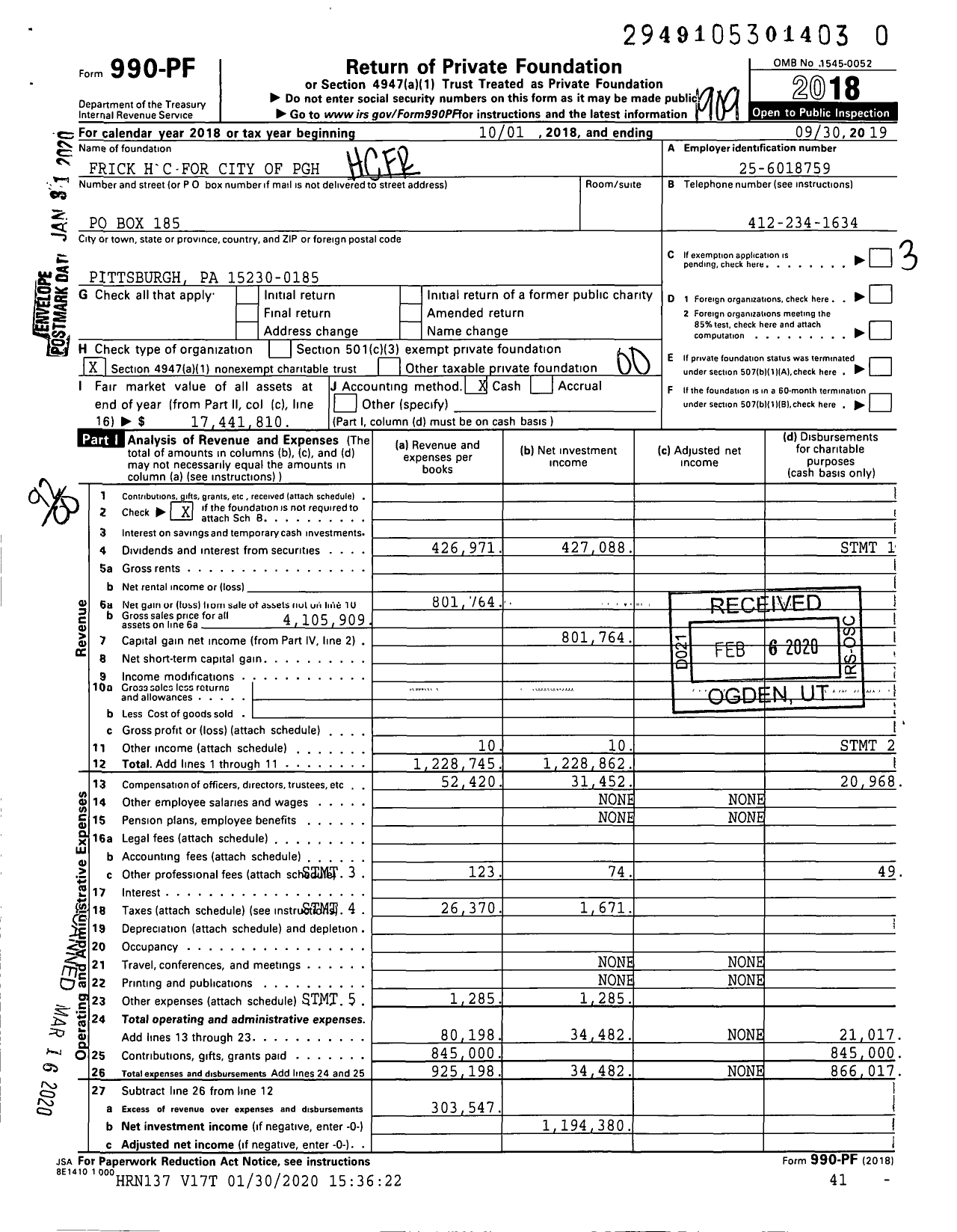 Image of first page of 2018 Form 990PR for Frick H C for City of PGH