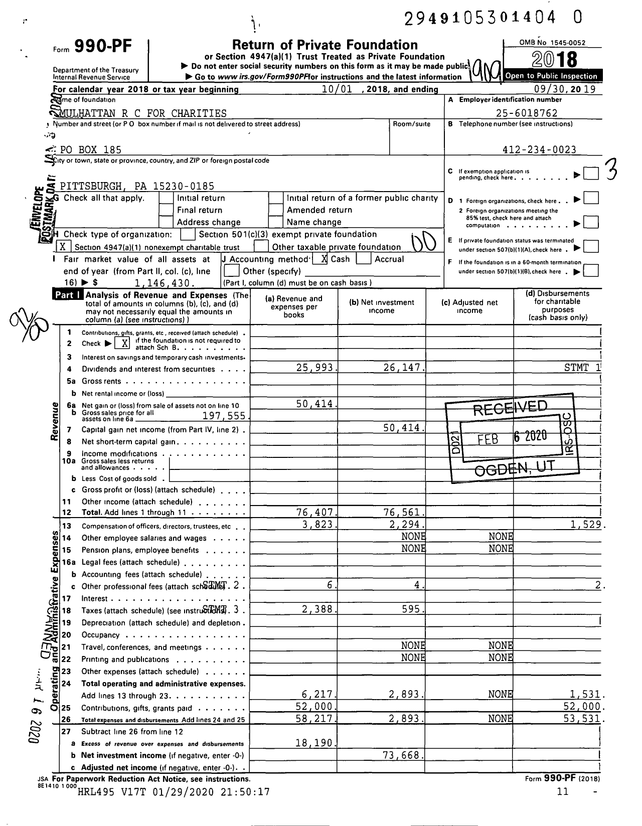 Image of first page of 2018 Form 990PR for Mulhattan R C for Charities