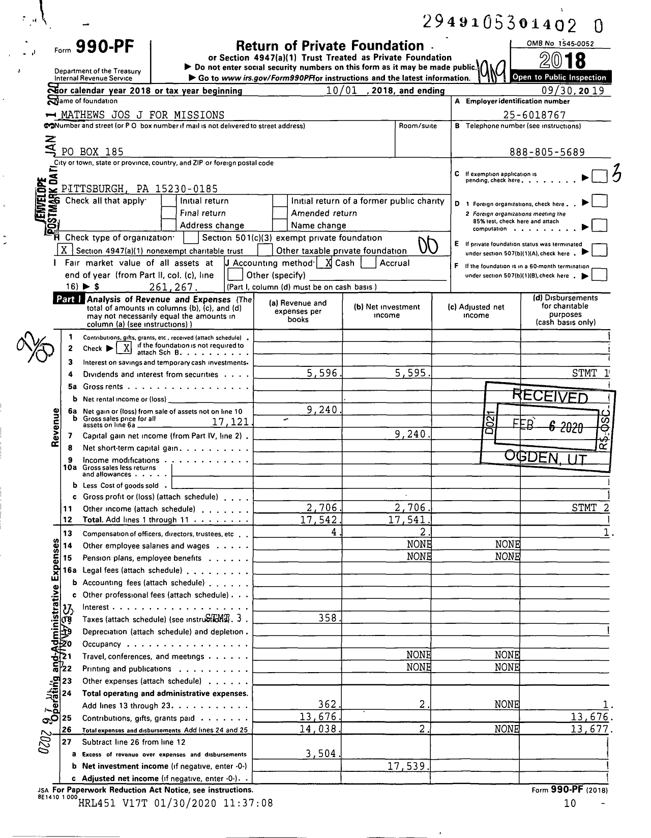 Image of first page of 2018 Form 990PR for Mathews Jos J for Missions