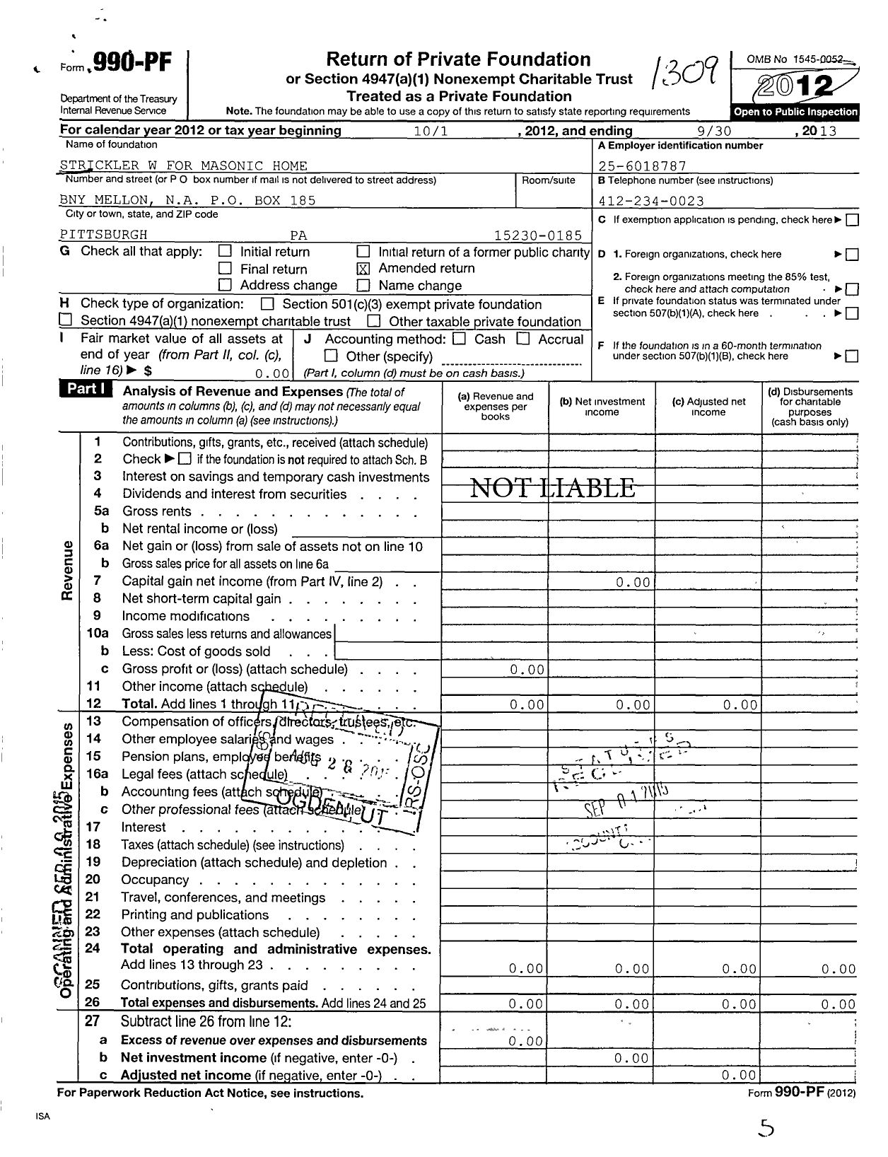 Image of first page of 2012 Form 990PF for Strickler W for Masonic Home