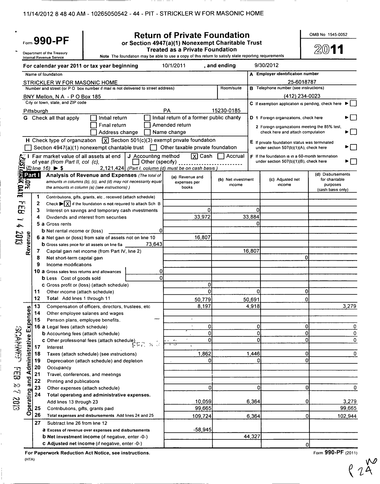 Image of first page of 2011 Form 990PF for Strickler W for Masonic Home