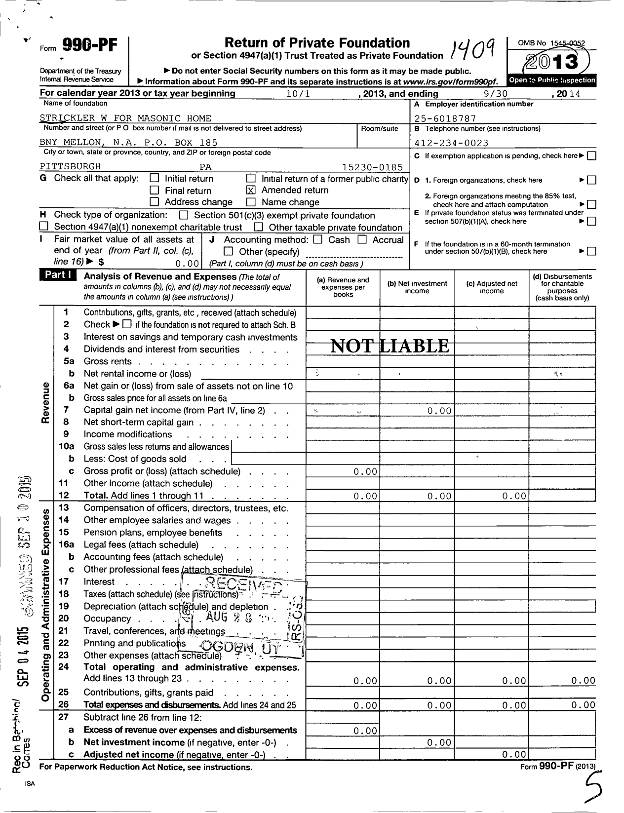 Image of first page of 2013 Form 990PF for Strickler W for Masonic Home