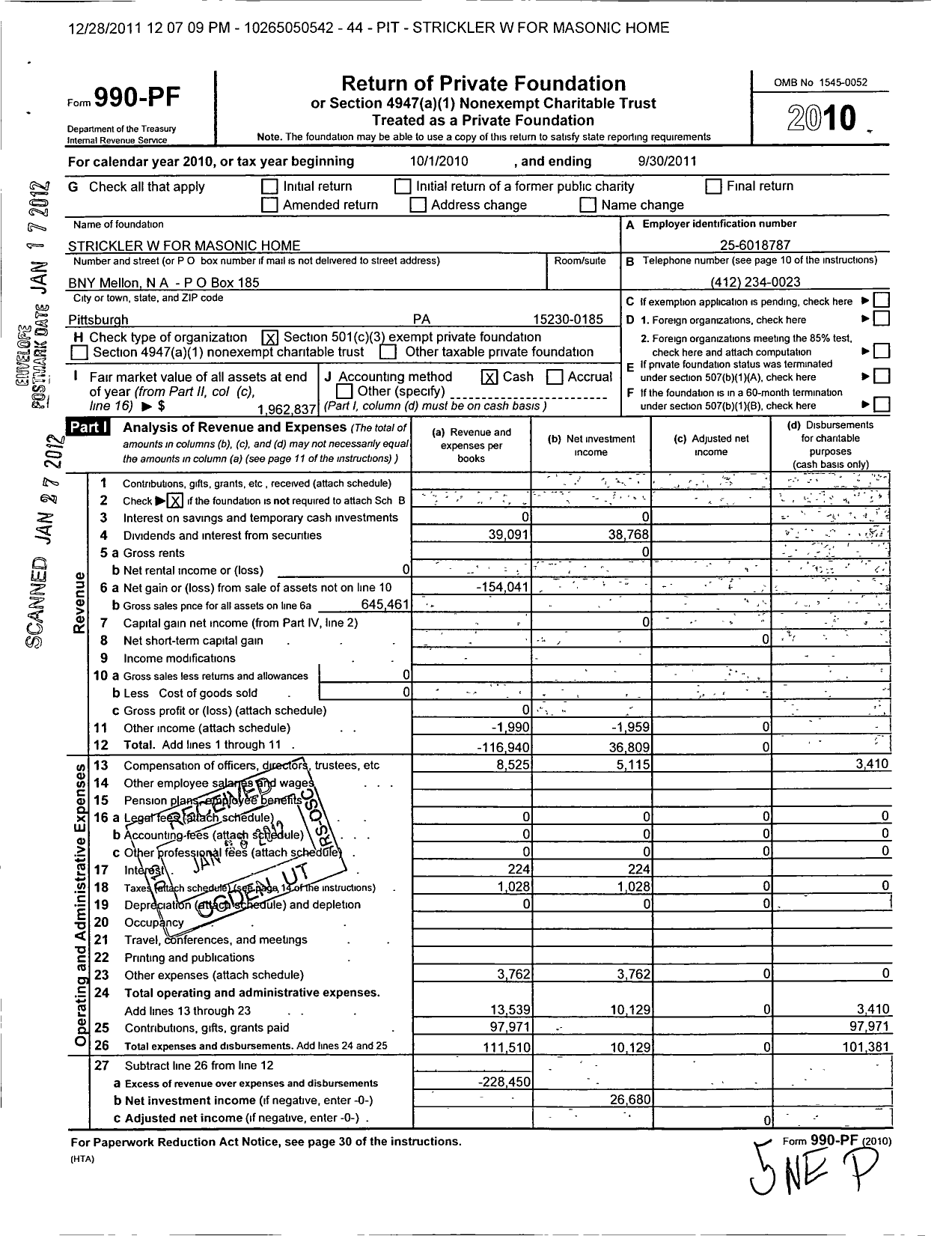 Image of first page of 2010 Form 990PF for Strickler W for Masonic Home