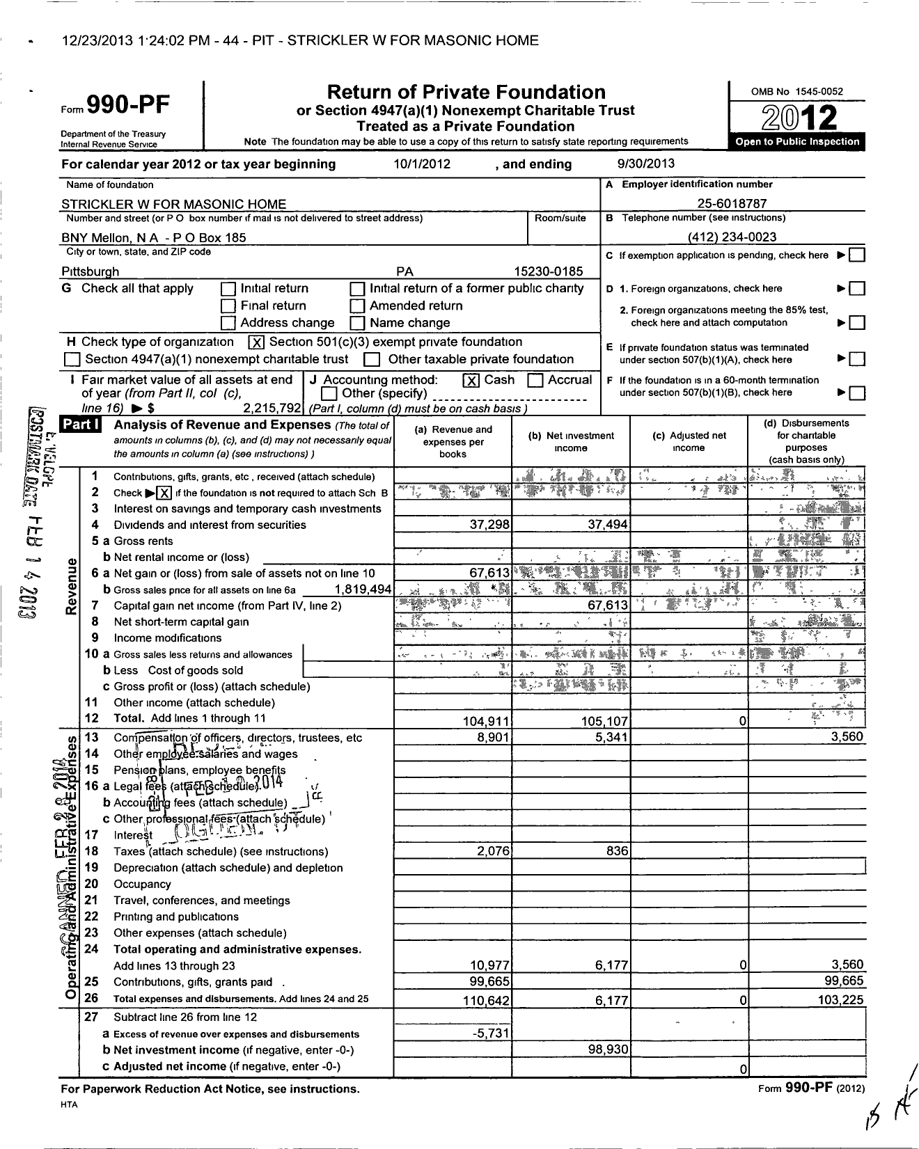 Image of first page of 2012 Form 990PF for Strickler W for Masonic Home